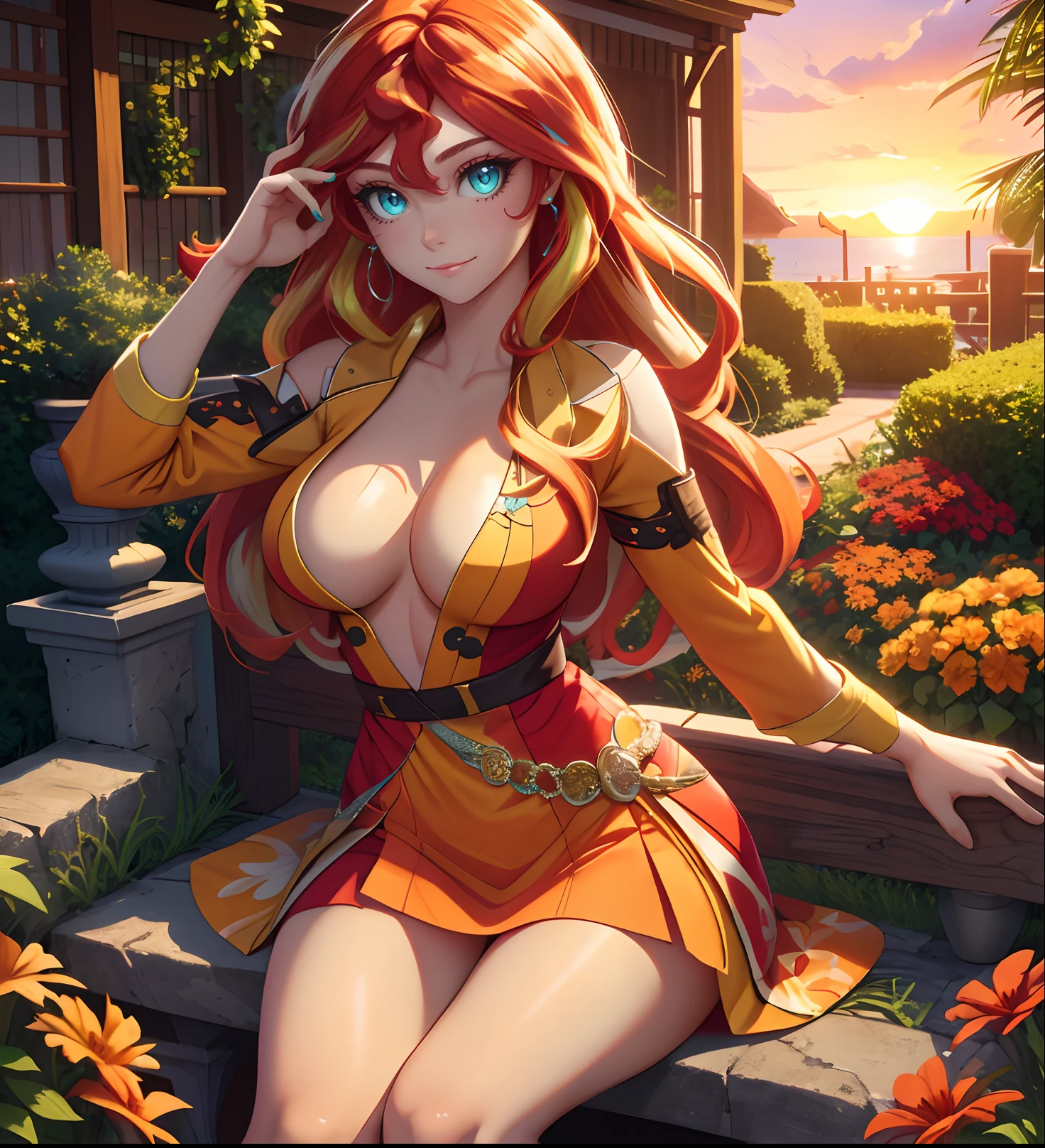 Sunsethuman, Sunset Shimmer, Sunset Shimmer from my little pony, Sunset Shimmer in the form of a girl, big breasts, lush breasts, voluminous breasts, firm breast, detailed hands, two tones of hair, red and yellow hair,sitting in a garden, red and orange flowers, solo, one character, red and orange dress, long sleeves,thin, no muscles, normal body, turquoise eyes, gentle smile, sunset, beautiful detailed garden