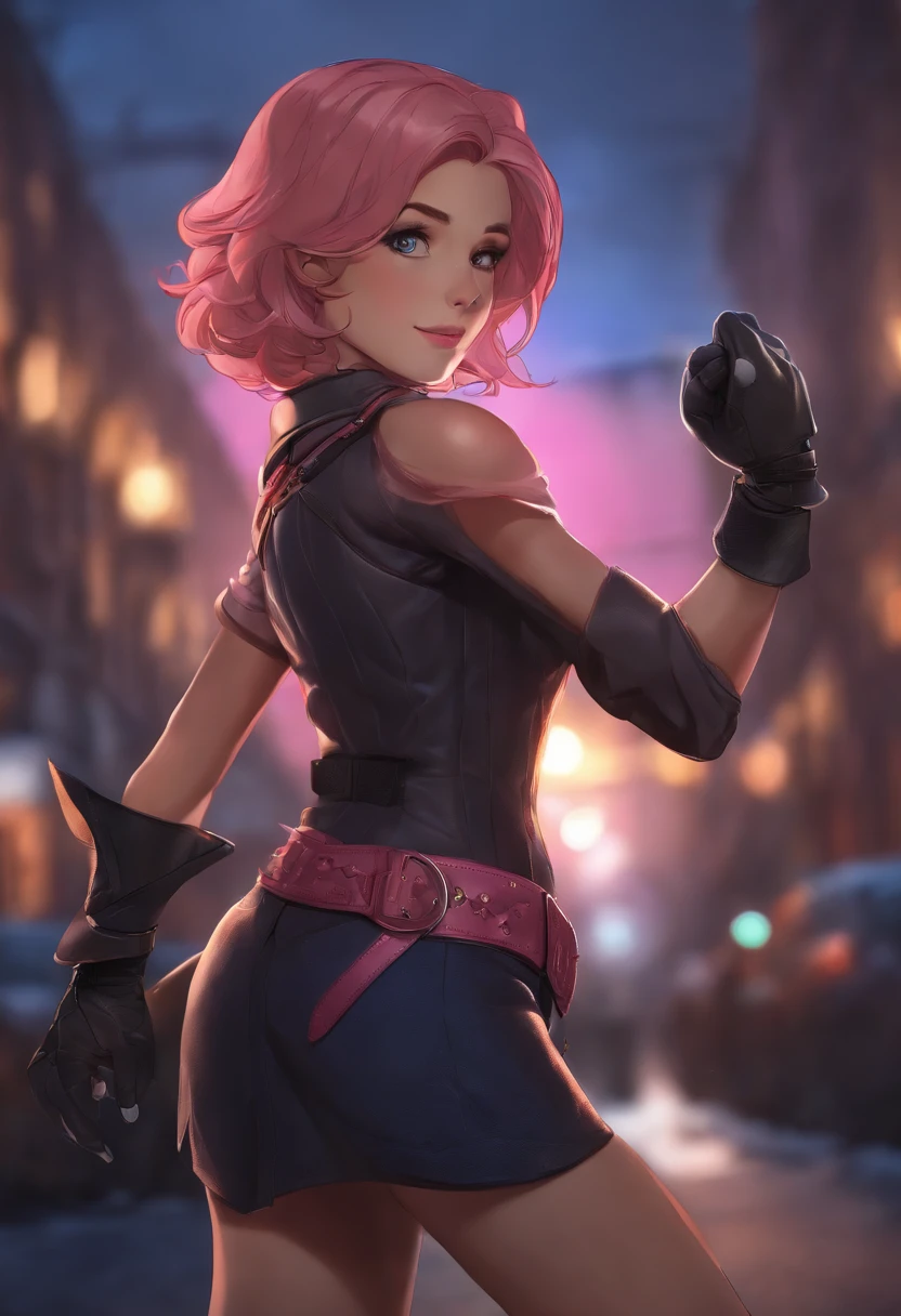 1girl in,Cowboy Shot, Beautiful Nora_valkyrie, Looking at Viewer, Smile, Short hair, Blue eyes,heart cutout, gloves, Jacket, Pink skirt, Pink belt, Short sleeves, Puffy sleeves, Single armband, Fingerless gloves, Orange hair, Pink gloves, Dynamic Pose, Night, Outdoors, city, (Volumetric lighting), Best Quality, masutepiece, Intricate details, tonemapping, Sharp Focus, Hyper Detailed, Trending on ArtStation,
