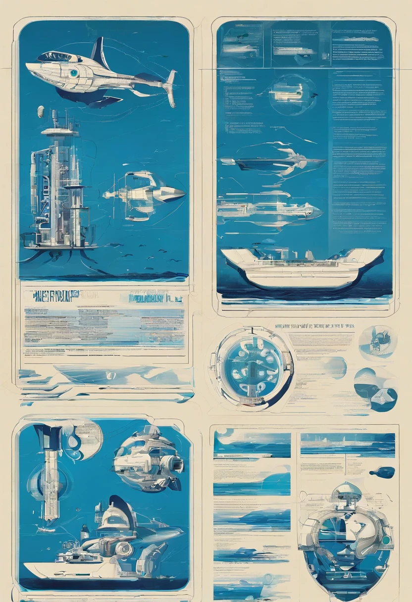 Deep sea exploration machines,Showing the future development of the deep sea,Futuristic technology,2 colours,Cobalt blue and navy blue,Bottomless,Only the ocean,An installation to explore the ocean,A variety of fish of the future,The bottomless ocean of the future