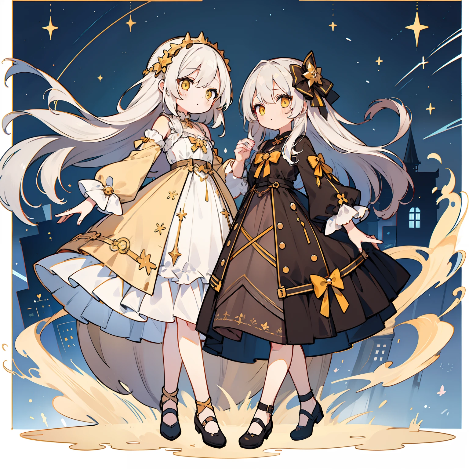 (2girls) fullllbody, Character Design, nighttime scene、Brown dress、White hair、Yellow eyes、☆Pattern of、(Masterpiece、Rori、high-level image quality、8K)