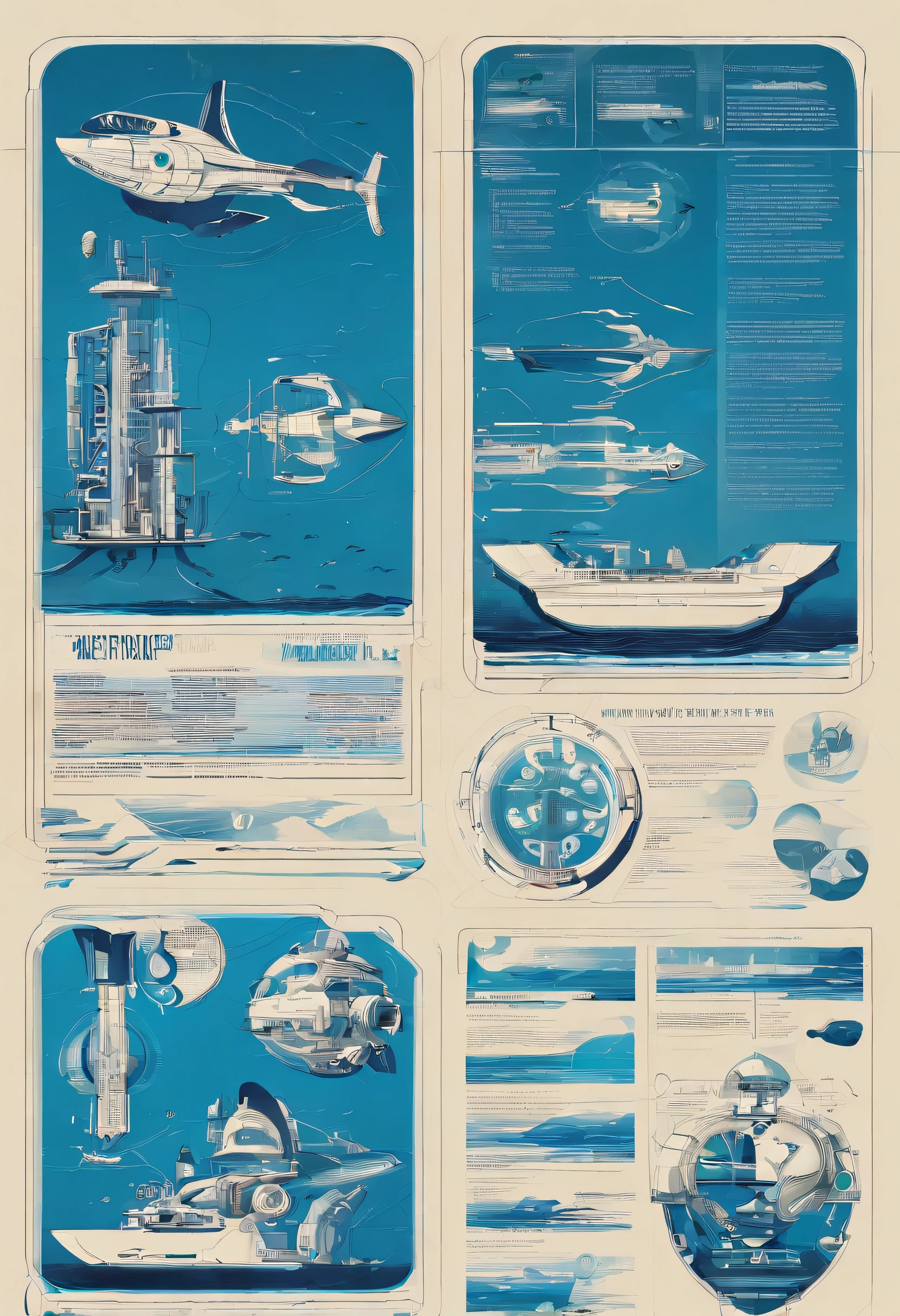 Deep sea exploration machines,Showing the future development of the deep sea,Futuristic technology,2 colours,Cobalt blue and navy blue,Bottomless,Only the ocean,An installation to explore the ocean,A variety of fish of the future,The bottomless ocean of the future