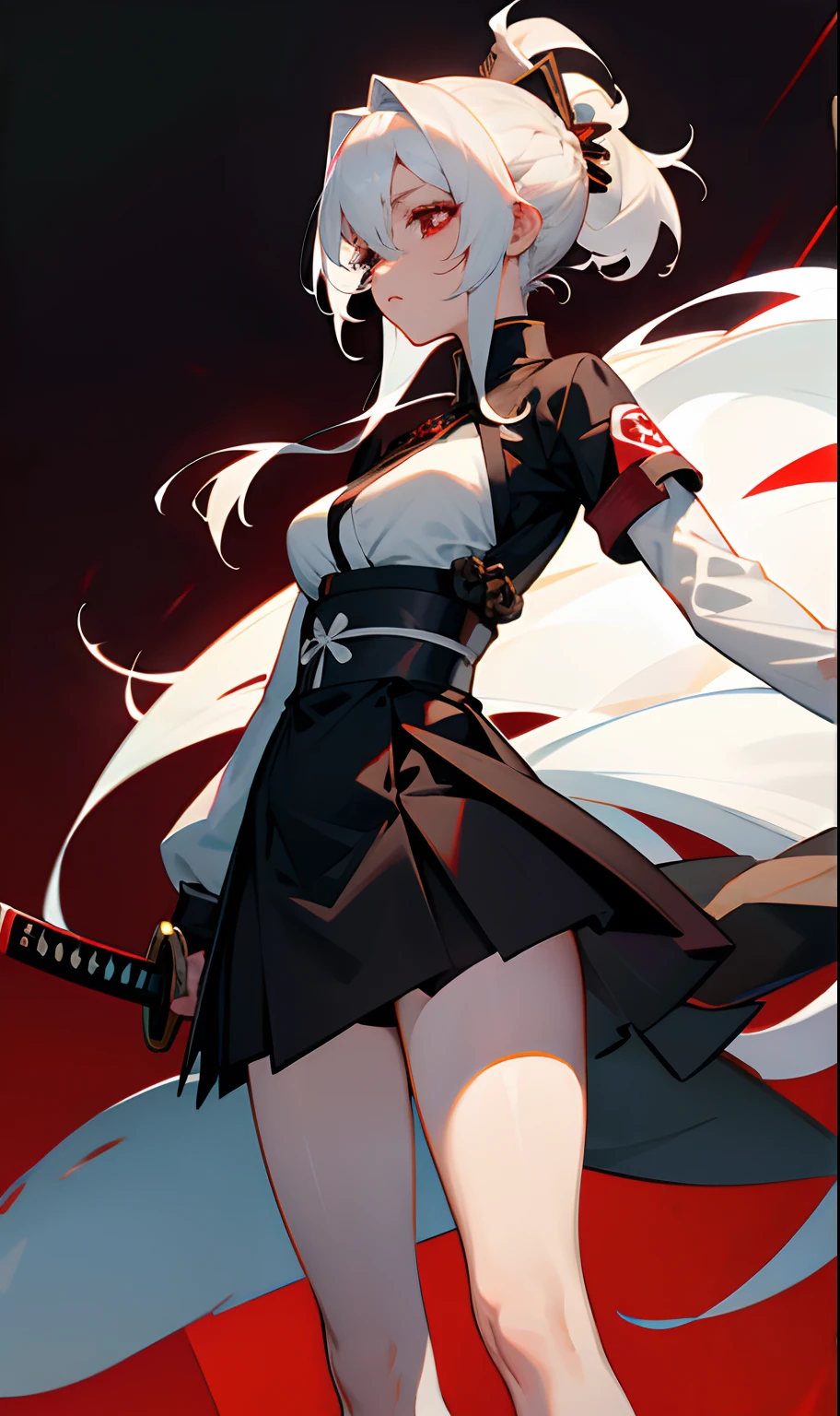 Garota com corpo forte, medium breasts with long straight white hair down to her leg wearing a black haori with some white armbands and some white articles of clothing with a katana at the red waist and hair tied up in the red eyes