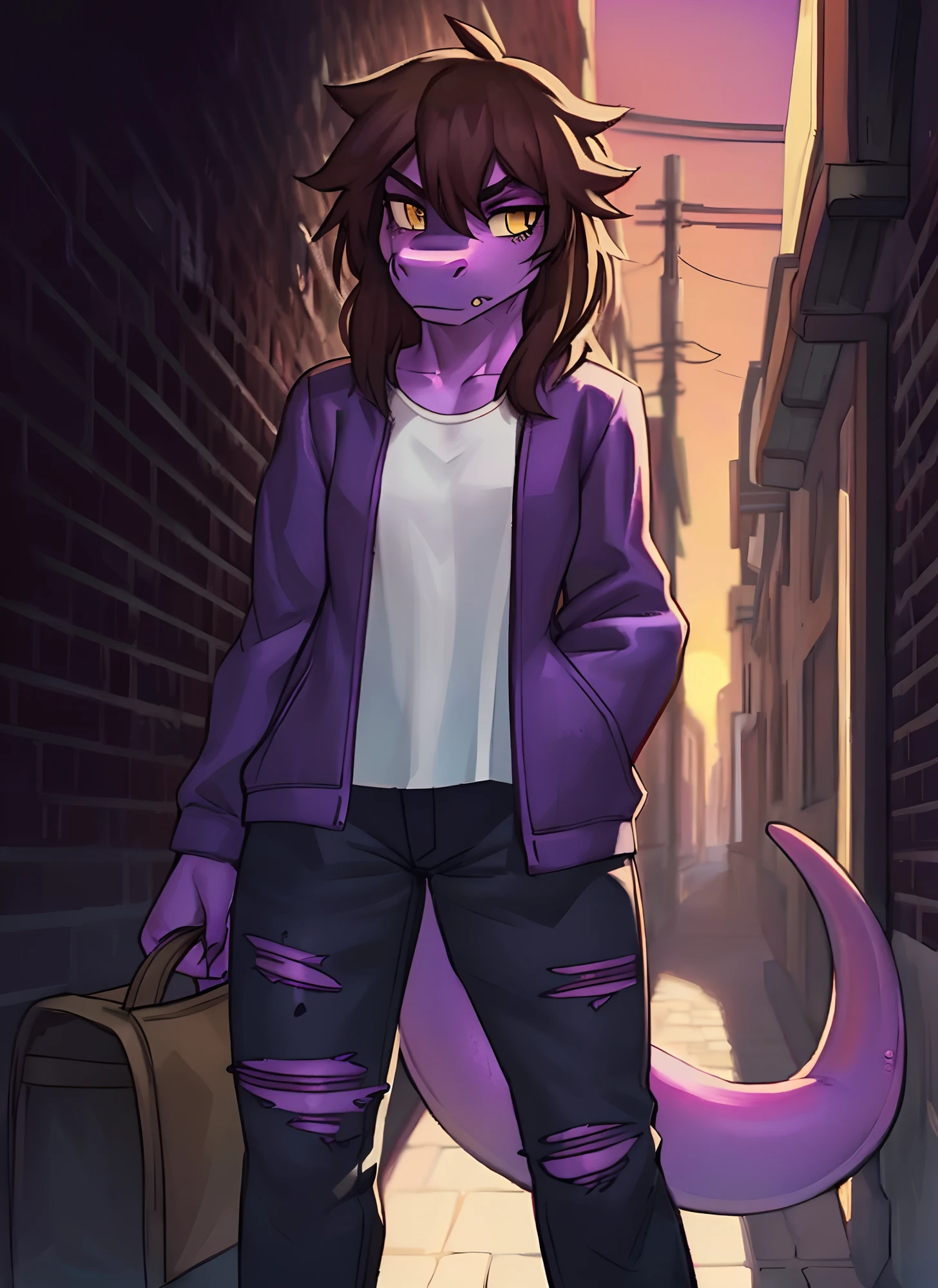 [susie], [Deltarune], [Uploaded to e621.net; (Pixelsketcher), (wamudraws), (woolrool)], ((masterpiece)), ((HD)), ((high quality)), ((solo portrait)), ((front view)), ((scalie; anthro)), ((detailed fur)), ((detailed shading)), ((beautiful render art)), ((intricate details)), {anthro dinosaur; purple scales, (reptile snout), cute yellow eyes, (black pupils), (bags under eyes), (short eyelashes), (long massy brown hair), long lizard tail, (gorgeous hips), (muscular legs), (angry), (frown)}, {(purple jacket), (torn white tee shirt), (ripped black skinny jeans), (black boots)}, {(standing), (arms at side), (looking at viewer)}, [background; (alleyway), (brick walls), (sunset), (sun rays), (ambient lighting)]