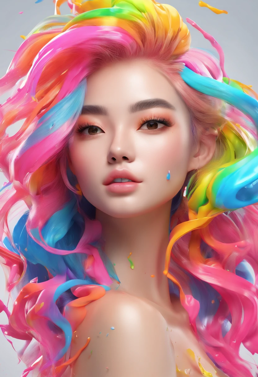 (Masterpiece, Best Quality, High Resolution), White Background, ((Paint Splash, Color Splash, Splash of Ink, Color Splash)), Sweet Chinese Girl, Rainbow Hair, Pink Lips, Front, Upper Body,Long hair(rainbow)