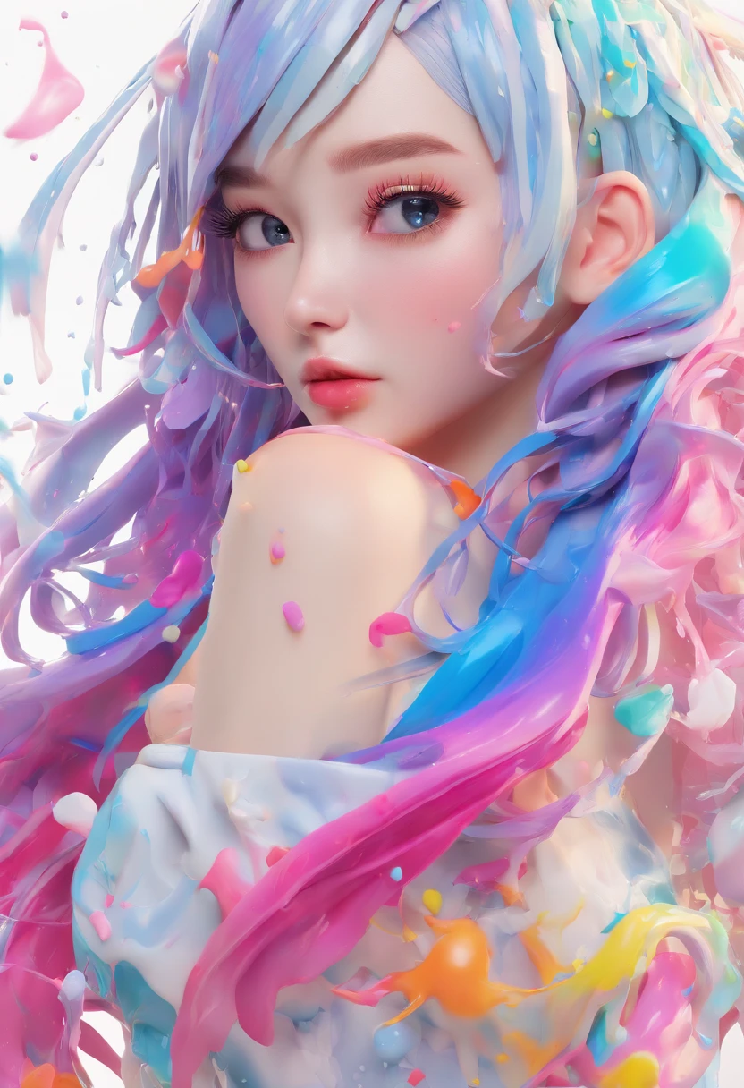 (Masterpiece, Best Quality, High Resolution), White Background, ((Paint Splash, Color Splash, Splash of Ink, Color Splash)), Sweet Chinese Girl, Rainbow Hair, Pink Lips, Front, Upper Body,Long hair(rainbow)