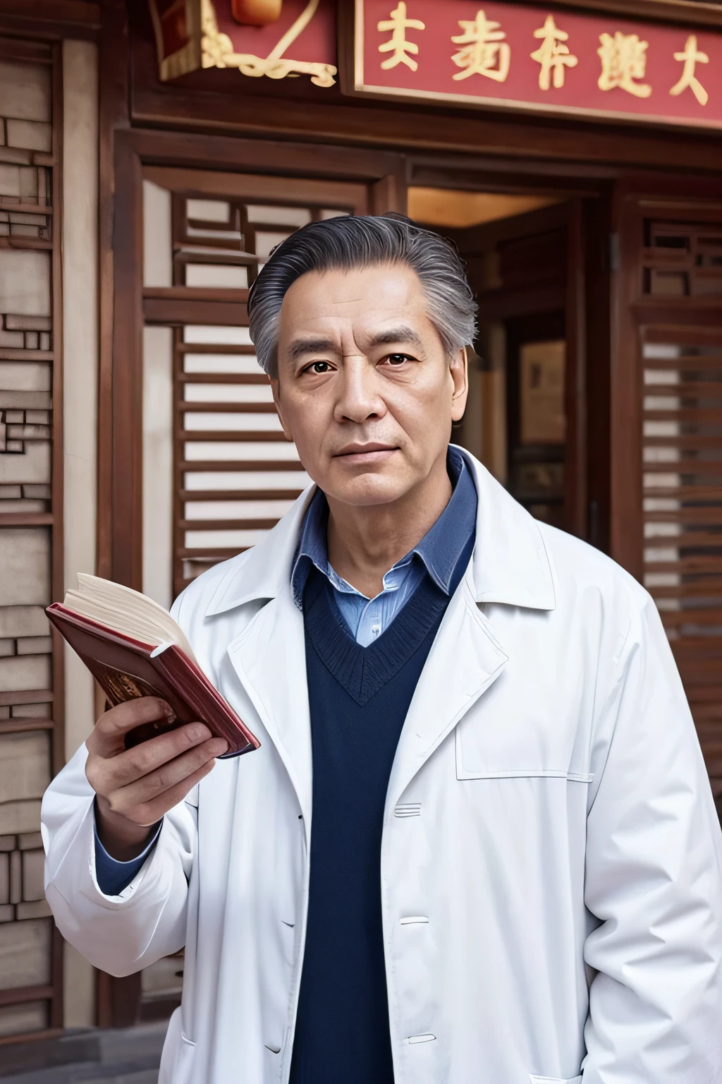 Chinese image，Real frontal photos，Authentic background，Pharmacy background，holding books，Manteau blanc，Face full of wrinkles，TCM image，Wise eyes，male people