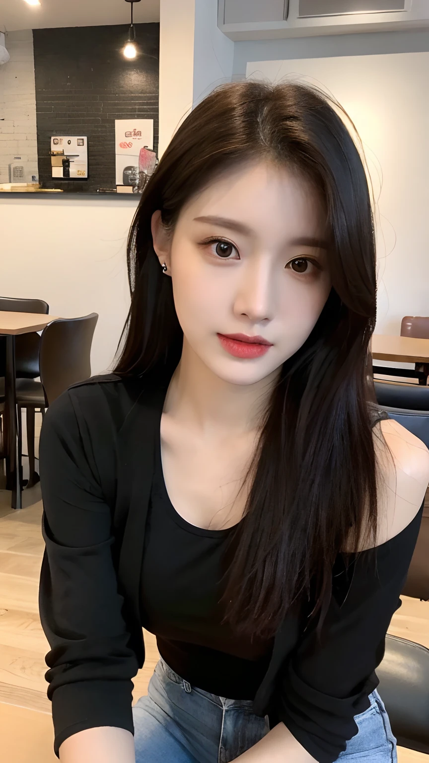 (Realistic, High resolution:1.2), 1 girl, super fine face and eyes, long hair, tight black tank top with black jacket, short jeans, sitting on coffee chair, in café, coffee on table, big breasts