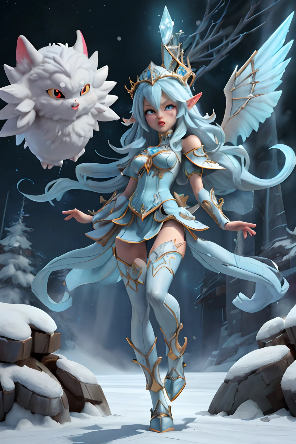 Full body standing), Full body shot 、Fluffy costumes,、She wears white fluffy clothes,Queen with beautiful winter face in severe cold、 Fluffy hat, Ice World, And the ice pendant.、Portraits of characters from Night Elf Warden World of Warcraft, A hyper-realistic, Wide Angle, Intricate details, Blade Runner artifacts, , masutepiece, Absolutely perfect, stunning images, Visually rich, Intricately detailed, Concept art, by Emsifer, Luminescent holographic, Cinematic, UHD Wallpapers, 。.。.。.。.。.。.。.3D, Octane Render, Volumetric Lights, Full body,Scientist in a suit、Pixel 90s character with hummingbird, Gears and their brains and background clocks are futuristic、Many top anime characters are running ,Cute monster little bulldozer in the shape of big little robot, full body Esbian。.。.。.。.。.。.3D Animation, Anime Monsters