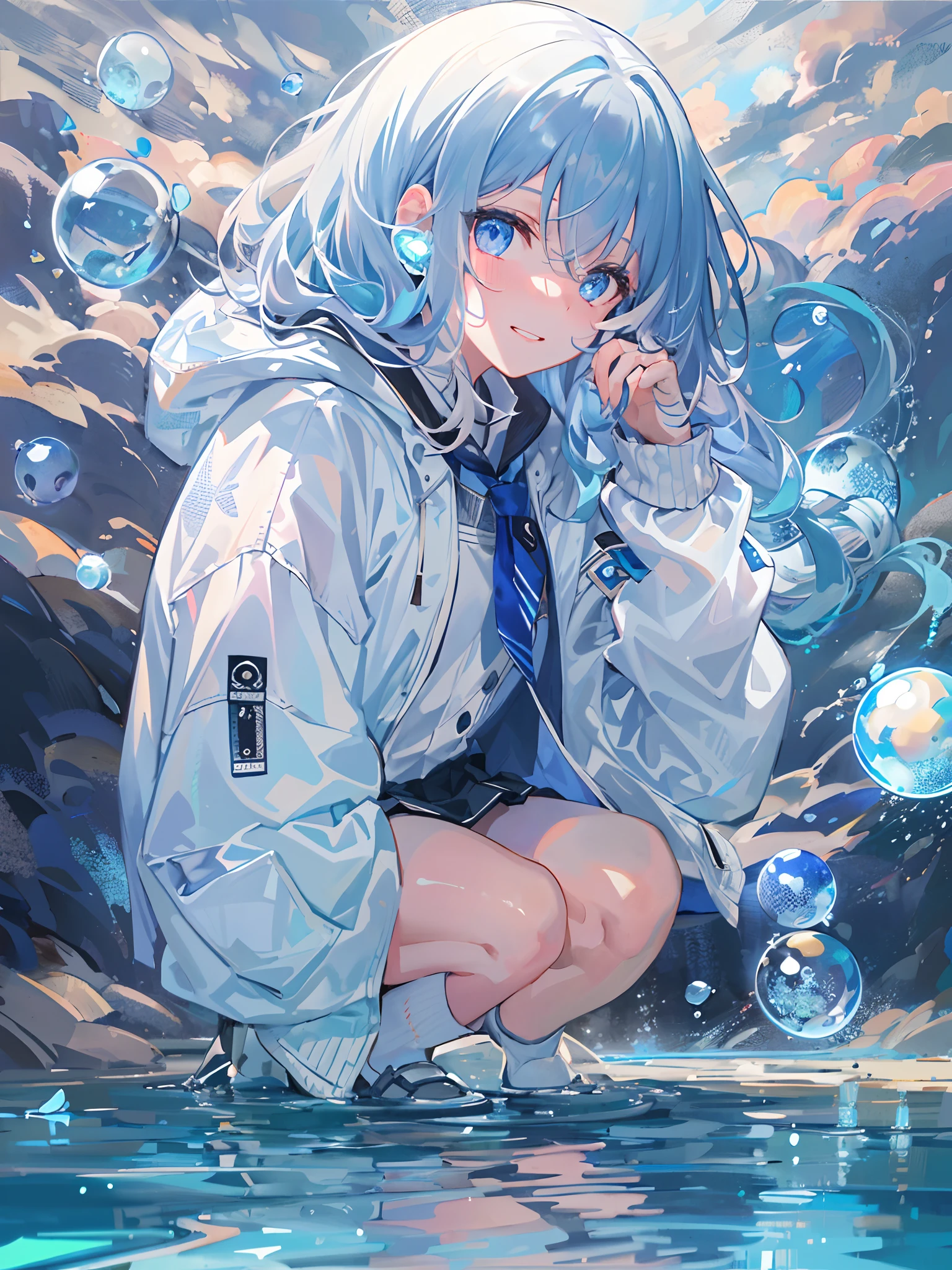 ((top-quality)), ((​masterpiece)), ((ultra-detailliert)), (Extremely delicate and beautiful), girl with, 独奏, cold attitude,((Black jacket)),She is very(relax)with  the(Settled down)Looks,A dark-haired, depth of fields,Evil smile,Bubble, under the water, Air bubble,bright light blue eyes,inner color with bright gray hair and deep blue tips,,,,,,,,,Cold background,Bob Hair - Linear Art, shortpants、knee high socks、White uniform like school uniform、Light blue ribbon ties、Clothes are sheer、Hands in pockets、Bright eyes like sapphire,Fronllesse Blue, A small blue light was floating、Upper Eyes、skirt by the