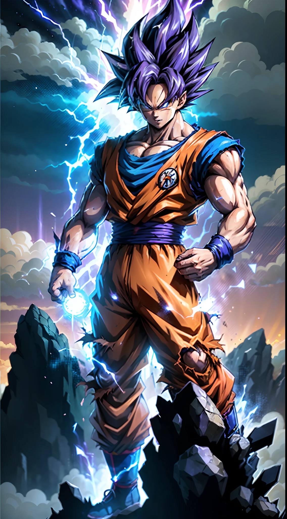 Super Saiyan Goku unleashes a massive energy wave while standing on top of a mountain, the surroundings are filled with lush greenery, and the sky is a mix of orange and purple hues. The energy wave is bright blue with electric sparks around it. (anime:1.2), (dramatic lighting:1.1), (vibrant colors:1.3), (cell-shaded:1.1), (dynamic composition:1.2)