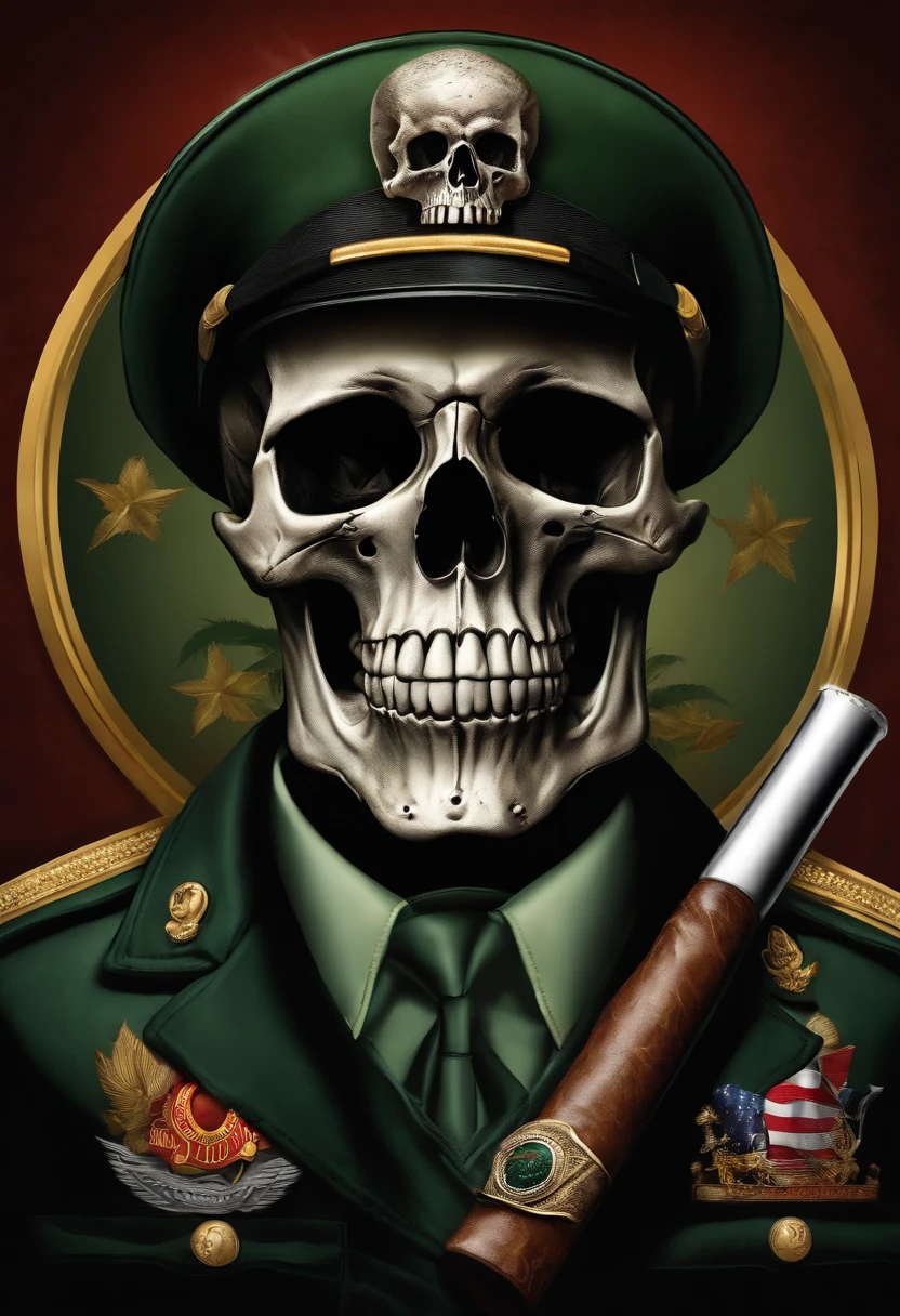 Logo Realistic Military Skull smoking a cigar and two ounces on the sides