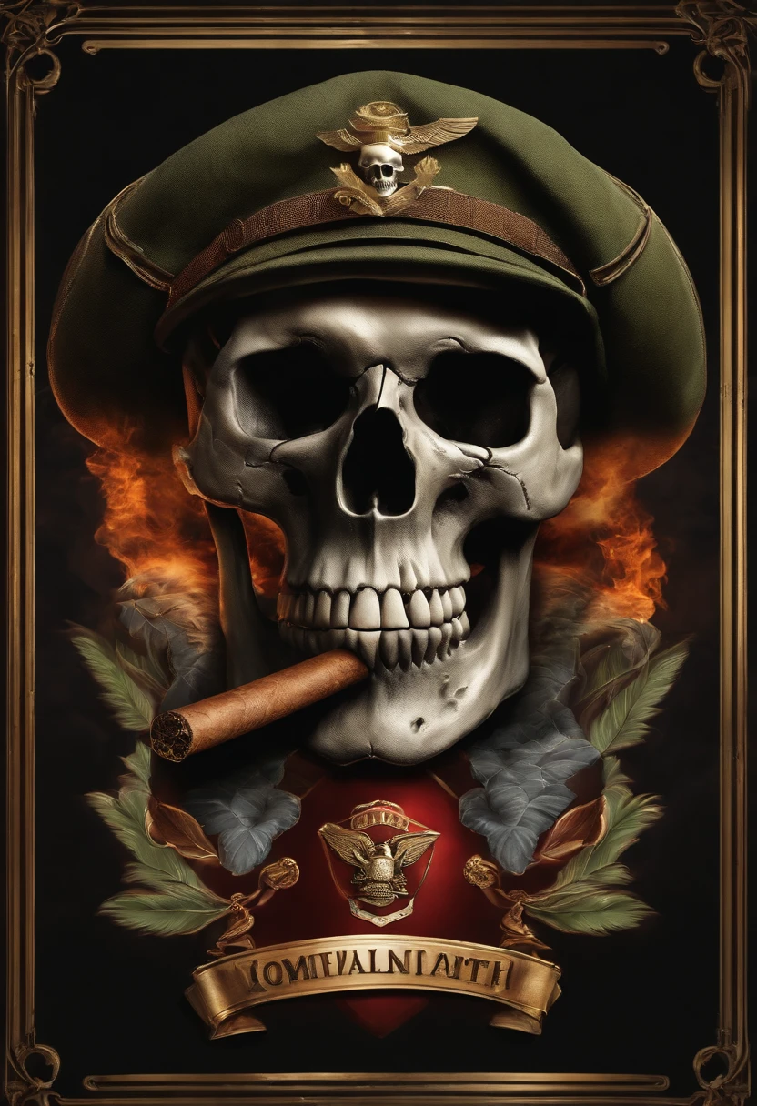 Logo Realistic Military Skull smoking a cigar and two ounces on the sides