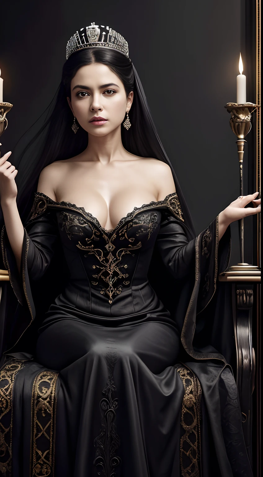 Black tones、Hell、purgatory、Mozart's Requiem、Mystical、horor、gotik、darkness、Demon God、Diabolical、Tote、karo、badas、epidemic disease、ruler、Pitch Black Darkness、hopelessness、lamentation、ghosting、Queen of the Exiles、awe、immortal、draconian、Awe-inspiring Hall々、proud、noble、dignity、solemnity、Ruthless、greed、3-point live method、Oil Painting、Best Quality、hight resolution、foco nítido、Portrait of Queen D,Highly detailed footage of the Queen of the Exile,Stunning portrait of the Queen of the Exparted,Portrait of the Queen of the Demon World,Full body close-up of the Queen of the Dead