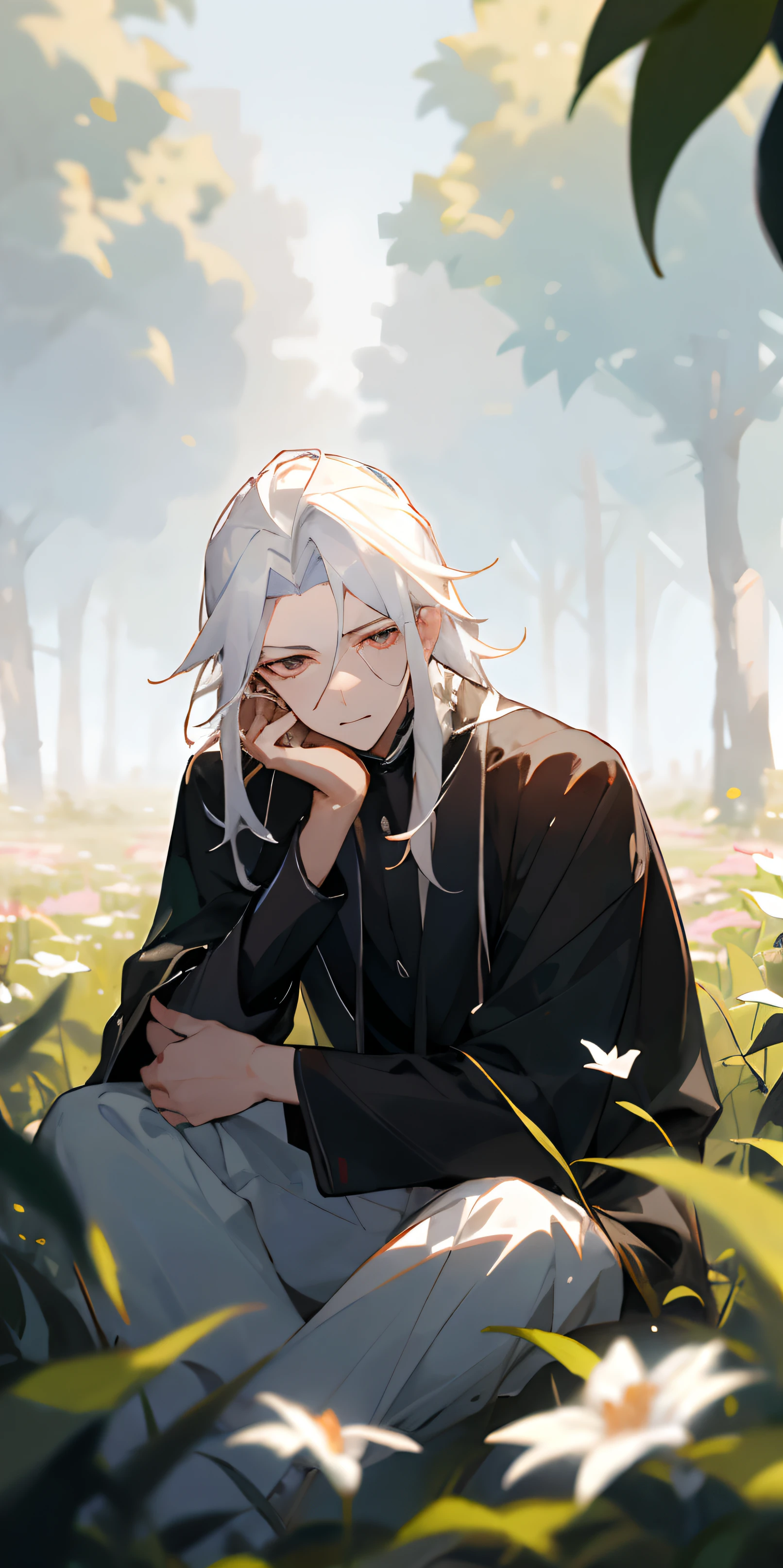 (tmasterpiece,best qualtiy),1 long boy with white hair sitting in a field of greenery and flowers,His hands were under his chin,warmly lit,black shirt,Blurred foreground