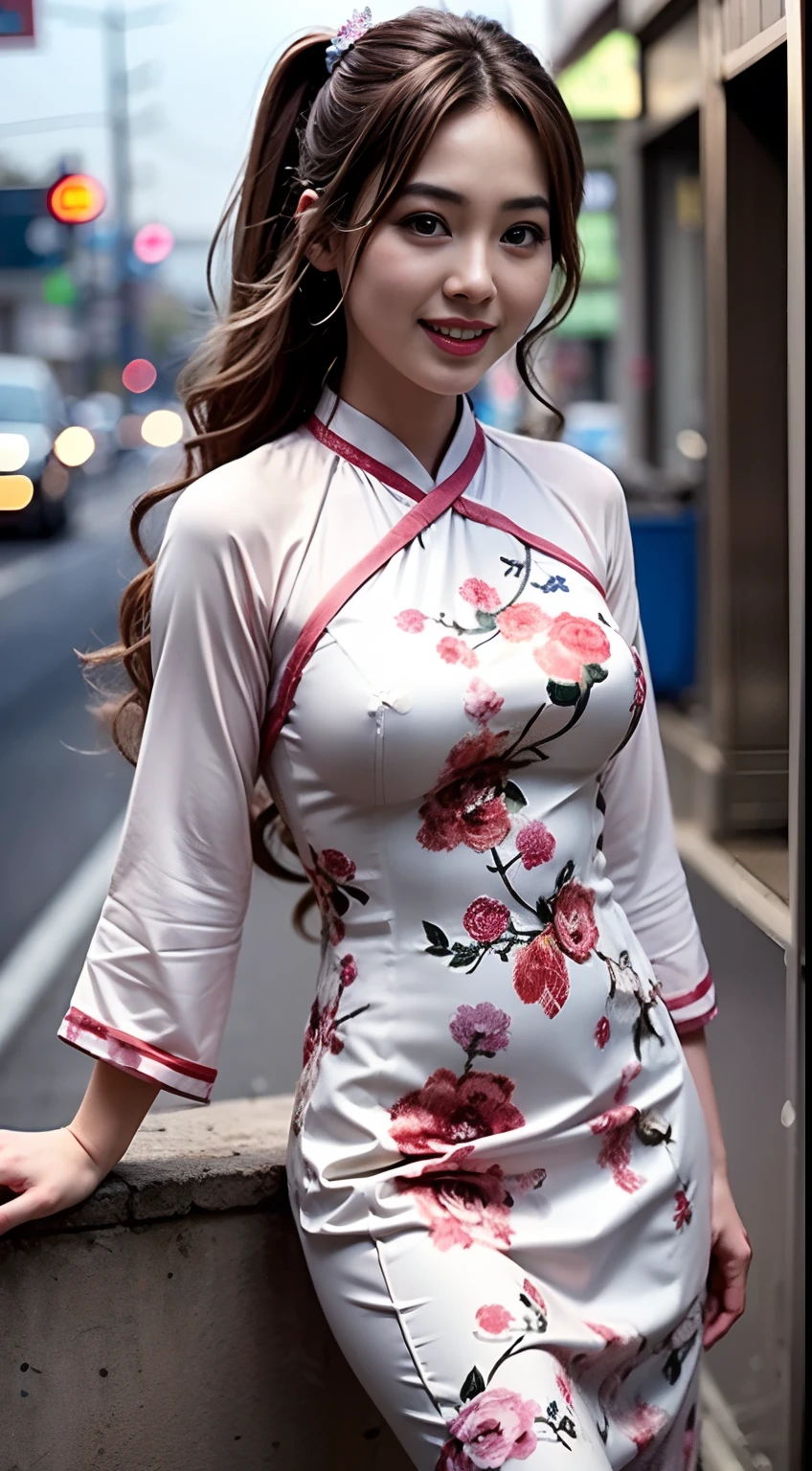 (8K, highest quality, masterpiece: 1.2), (realistic, photorealistic: 1.3), ultra high definition, (white ao dai), (japanese female), (high-definition perfect face), (large breasts), brown hair, ponytail hair, professional lighting, (closed mouth: 1.2), blush, smile, roadside