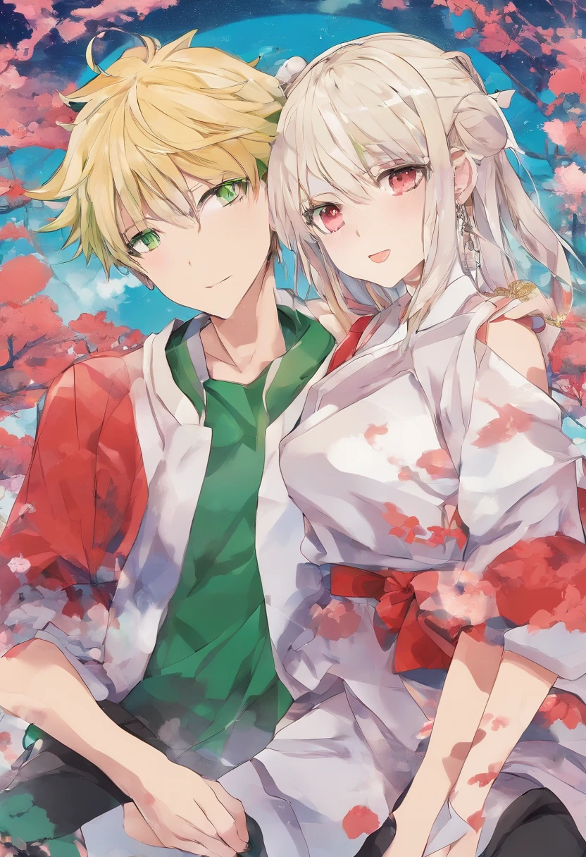 (1man and 1girl,Having sex:1.2)Woman is blonde、Eyes are green、Drooping saliva、Man is blonde、red eyes、kawaii