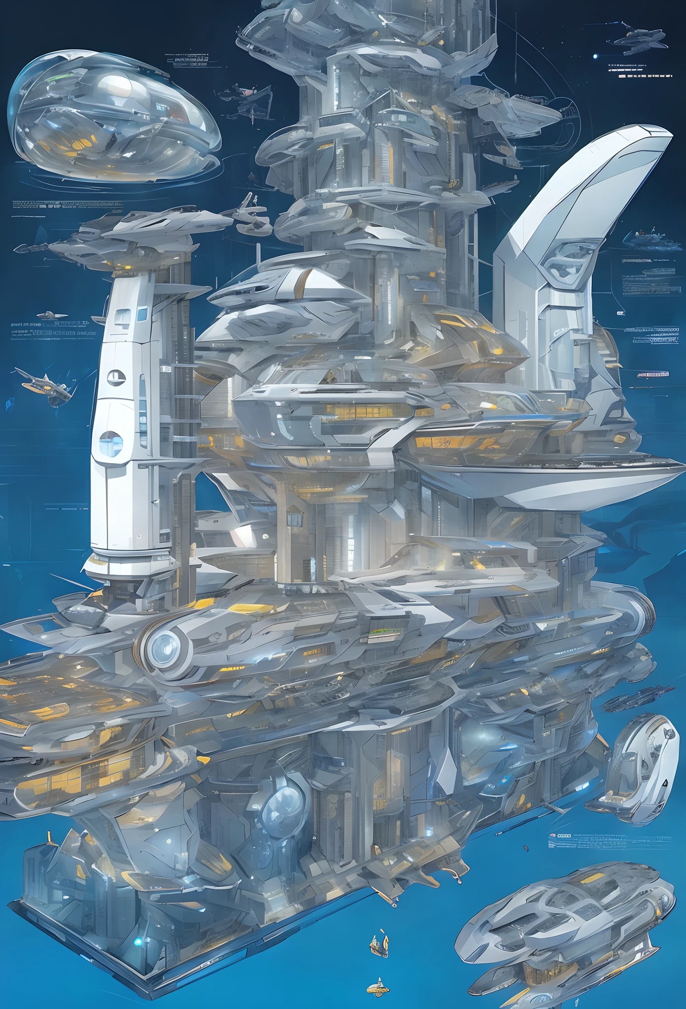 There is a futuristic ship floating in the water, futuristic underwater metropolis, Epic megastructures, inspired by Stephan Martiniere, inspired by Stephan Martiniere, megastructures, detailed futuristic architecture, at inside of a future submarine, futuristic orbital station!!!!, Ultra detailed concept art, inspired by John Berkey, futuritic high tech architecture, Megastructure city