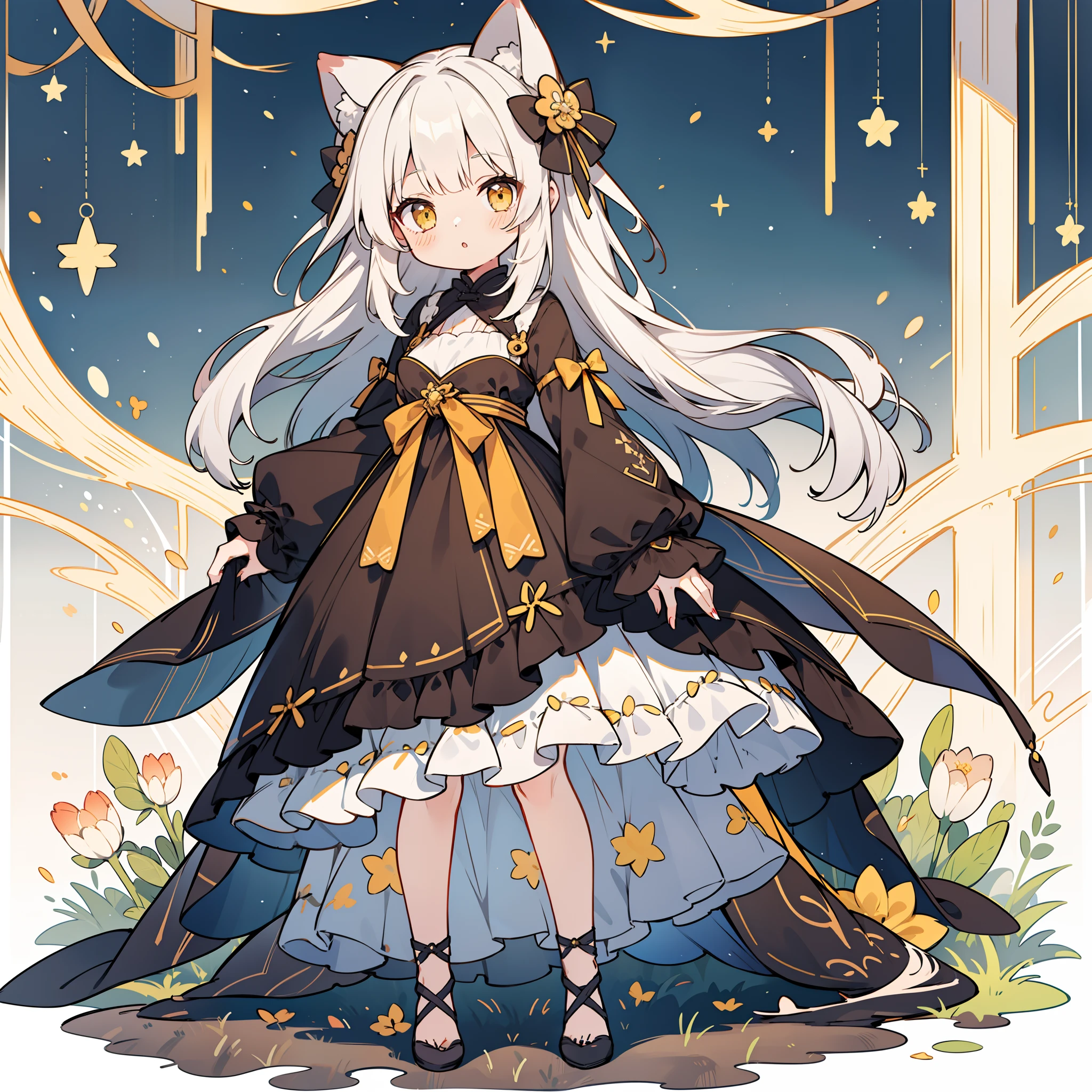 (独奏、1girl in), fullllbody, Character Design, nighttime scene、Brown dress、White hair、Yellow eyes、☆Pattern of、(Masterpiece、Rori、high-level image quality、8K)