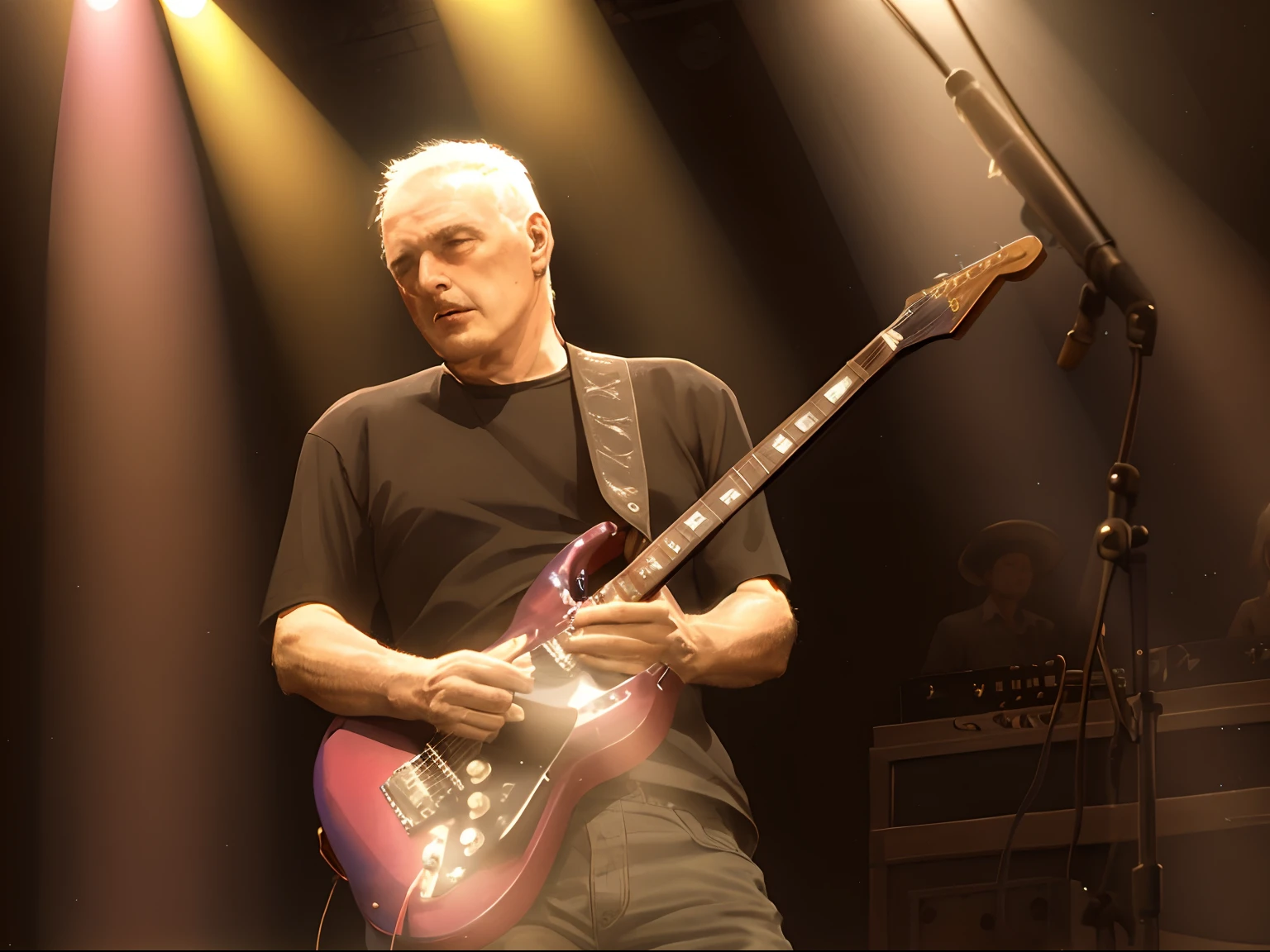 Alafed Man playing guitar on stage with microphone, David Gilmour, David Gilmore Bryce, playing guitar onstage, Pink Floyd, Inspired by David Gilmore Blythe, jerry, performing, Sid, Ed O'Brien (Guitar), Eddie, remaster, Inspired by John Cale, Minami, guitarrist