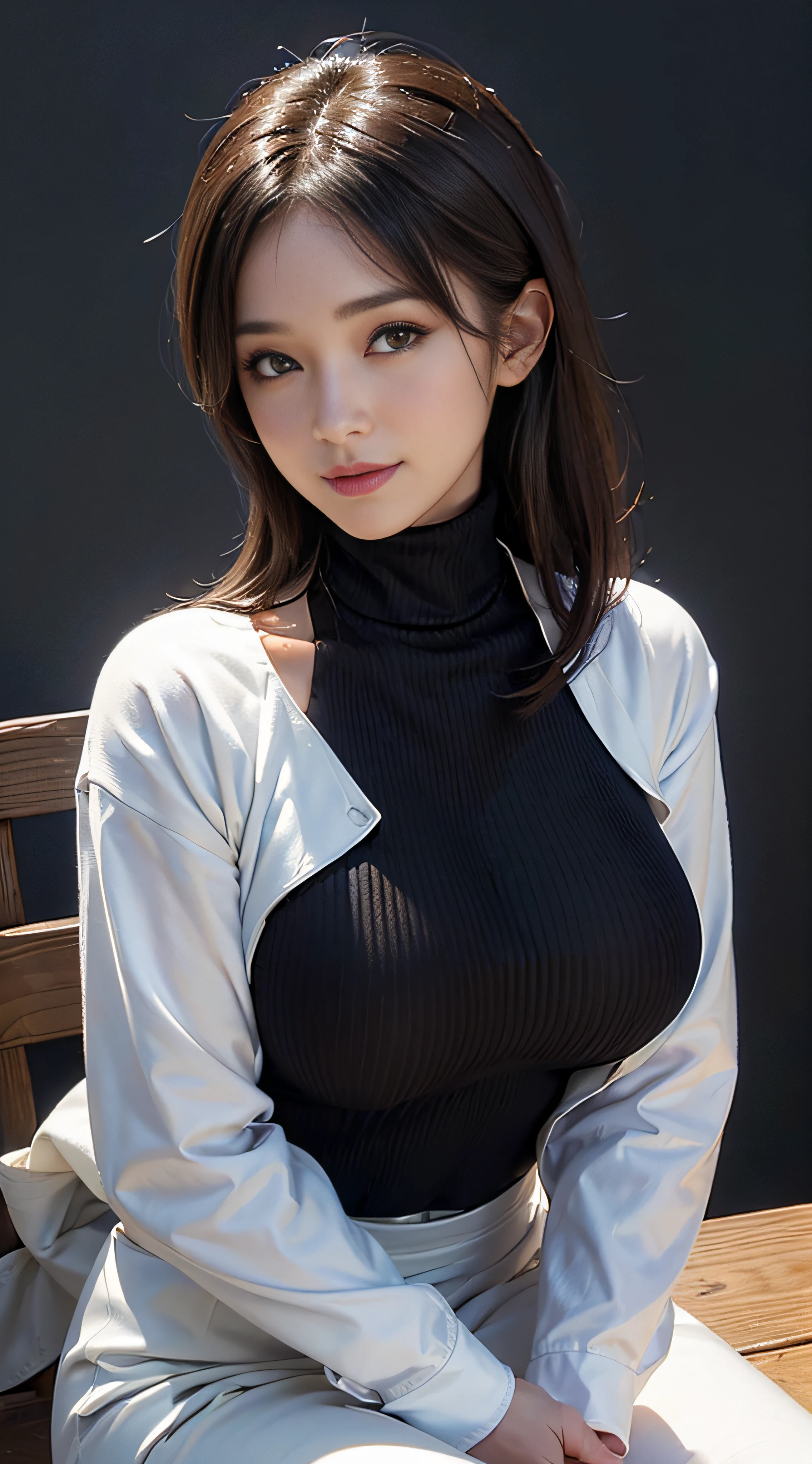 ((Mature woman sitting in front of café)),((turtleneck shirt:1.3)). 40k, Photography, masutepiece, Best Quality, dark grey background, ((Mature Women, waifu, mami, A MILF)), ((voluptuous breasts)), Perfect face, perfect tits, ((The chest is huge)), ((One girl with brown eyes and gorgeous bright black hair)). a Pretty Japanese woman，completely soft chest and white skin,, ((Very soft breasts)). Ultra-detailed face, Detailed eyes, embarrassed, Smile, Summer, Daytime, (((Slave Collar))), Half body, fixed