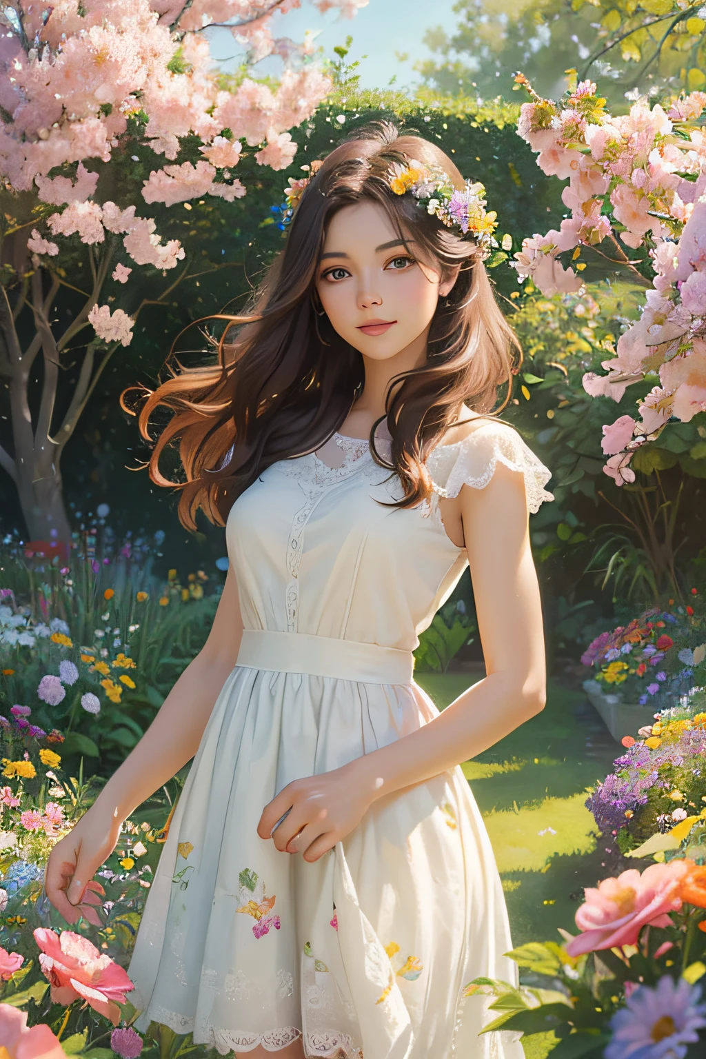 detailed eyes, beautiful face, long eyelashes, standing in a blooming garden, surrounded by colorful flowers, soft sunlight shining on her, creating a warm and dreamy atmosphere, oil painting style, vibrant colors, delicate brushstrokes, with a touch of impressionism.