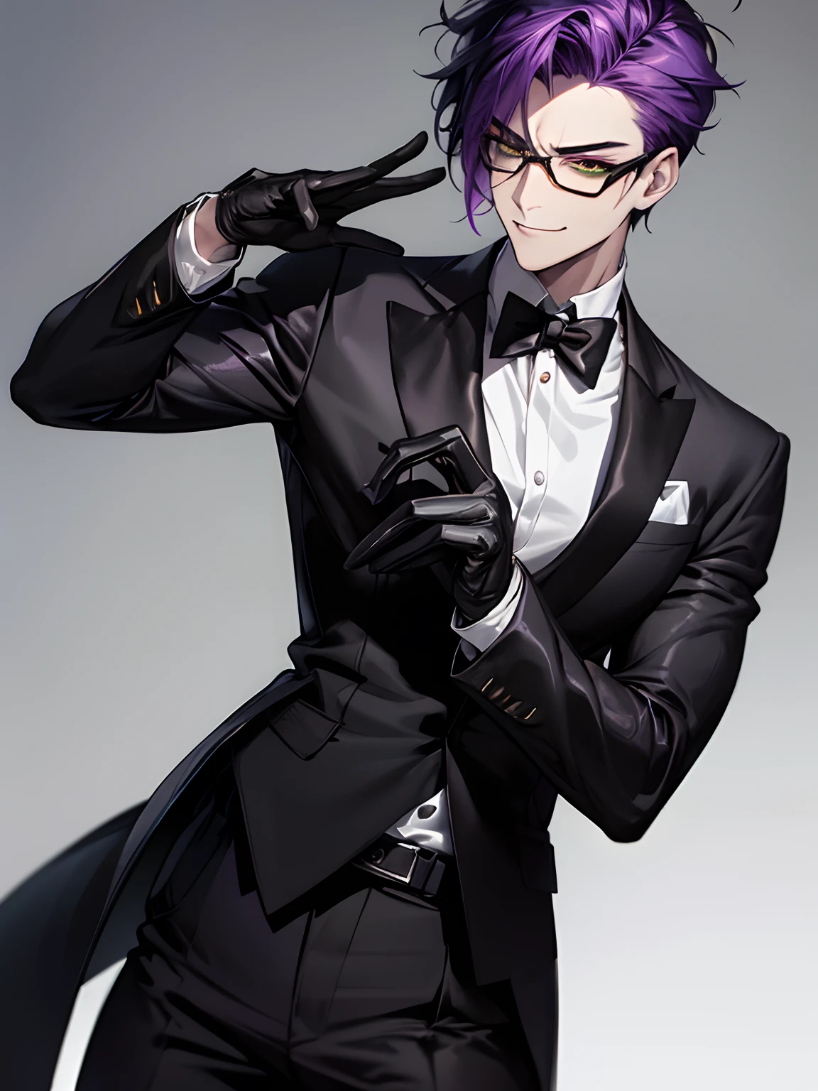 1 male,, 24 year old, masculine, Messy purple hair, Attractive, Black rectangular glasses, Black Detective Suit, Black tie, White shirt, Black belt, Black pants, long big eyes of green color,,, Smirk, Mischievous, gloves, Trending on ArtStation, 8K resolution, Highly detailed, Anatomically correct, Sharp Image, Digital Painting, Concept art,