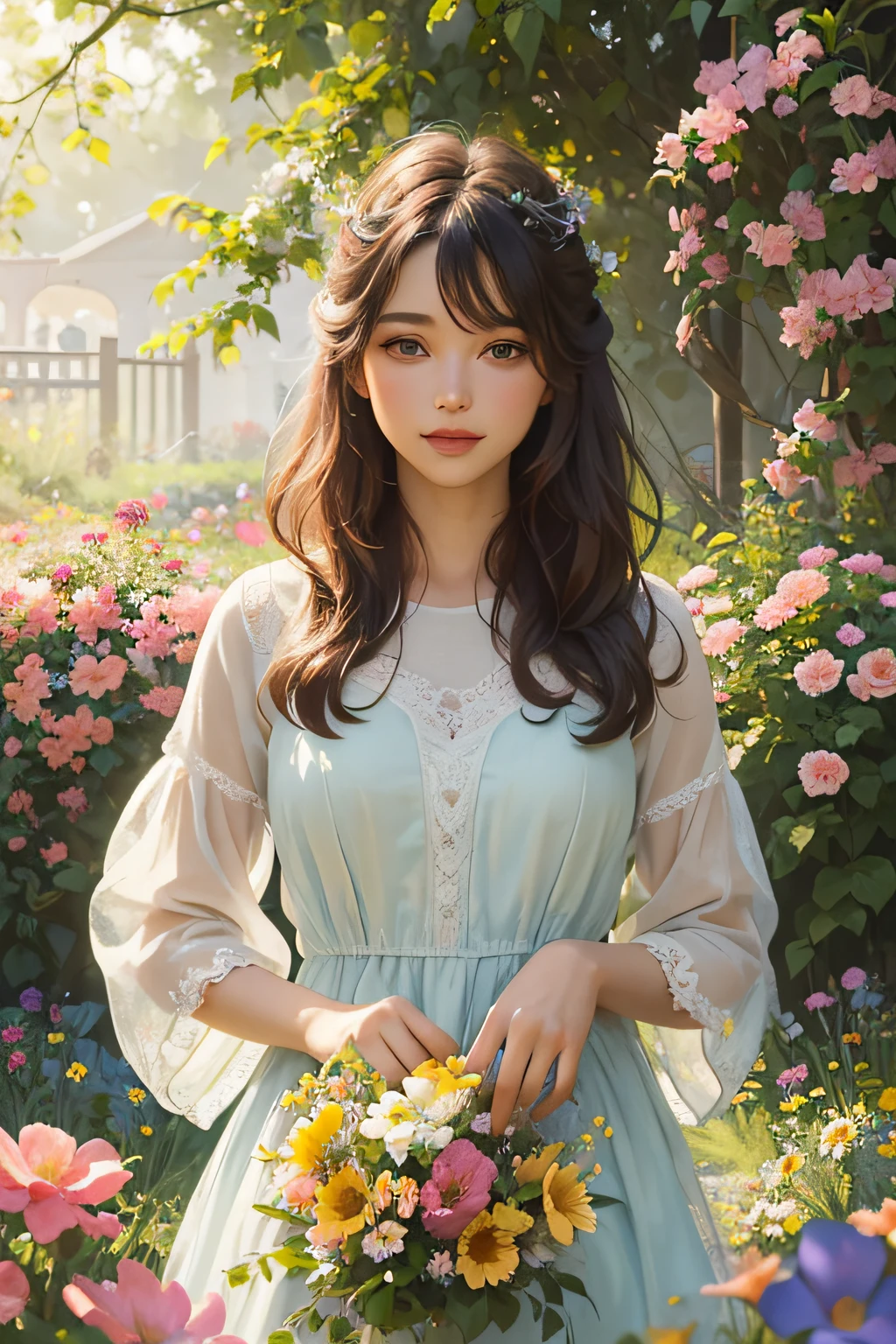 detailed eyes, beautiful face, long eyelashes, standing in a blooming garden, surrounded by colorful flowers, soft sunlight shining on her, creating a warm and dreamy atmosphere, oil painting style, vibrant colors, delicate brushstrokes, with a touch of impressionism.