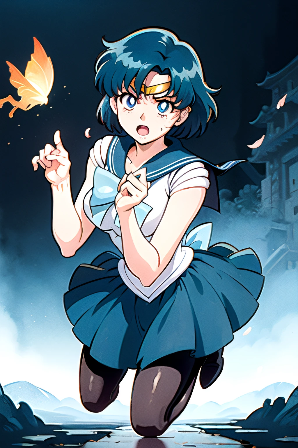 (top-quality:1.3), (masterpiece:1.4),(Anatomically correct), (Full limbs),(complete fingers),(Precise fingertips), (Fine details),(8K),Photorealista,Sailor Moon!!!!!!!!, Sailor Moon Style,by Sailor Moon, Sailor Senshi Uniform,(Sailor Mercury:1.25),aqua eyes, Dark green hair,raw, 1 girl, ((rage)), Color Theme Red, Dramatic light, Violence Everywhere, Bloody destruction of corpses in the background, Dark and blurry background, (angry expressions:1.4), (Raging Eyes:1.2), ), Mental breakdown, intimidation, Ways to harm, (irate:1.4), revenge, rage, destruction, murder, Maniacal,magician, spell magic, Magic Circle, ((magic in hand)),(using light magic:1.4),water magic, imaginative overlays, artistic fusion,fantastical scenes, evocative narratives, striking visuals,((Depth of field and blur)), ((watercolor paiting)), Large breasts, Bare shoulders, Flowers and petals, Conceptual diagram of Bevera , (White background:0.5), (Illustration :1.1), (Very thin and beautiful: 1.1), (perfect detail: 1.1) Doodle style background, liberta, souls, Digital Illustration, Perfect Anatomy, Centered, Approaching perfection, Dynamic, Highly detailed, Watercolor painting, art stations, Concept art, Smooth, Sharp Focus, Illustration,(Fighting Pose:1.25),((Magical Dark Forest :1.2)),at the sunset, a moon, ((Strong dark shadows recommended for the scene:1.2)), Golden flowers ,((glowing butterflies )), Beautiful magic style, Golden Water Reflection,Fierce, concept-art, Digital Painting,Step onto the ground ready to fly to the top of an ancient Chinese temple ready to fight, Tall ancient Chinese temples, Night, nigh sky, (Cracked ground:1.2), Step into the ground, Monkey walking on the ground, Snow and clouds on the horizon, Flying,((yawns))、dance,(Artistic jumps:1.25),break dance,Strenuous movements,Stacked cargo container,Cracked concrete walls,Road exhaust,Countless white steam is coming out,The road surface is wet,Damaged buildings,Broken brick building,Fluttering hair,Beautuful Women,17 age,Bright smile,profetional lighting,Gray Light Lighting,Low angle from below,Blowing steam into the landscape,Fog in the landscape、Foggy、(Smooth limb movement,Palms,Smooth finger position)