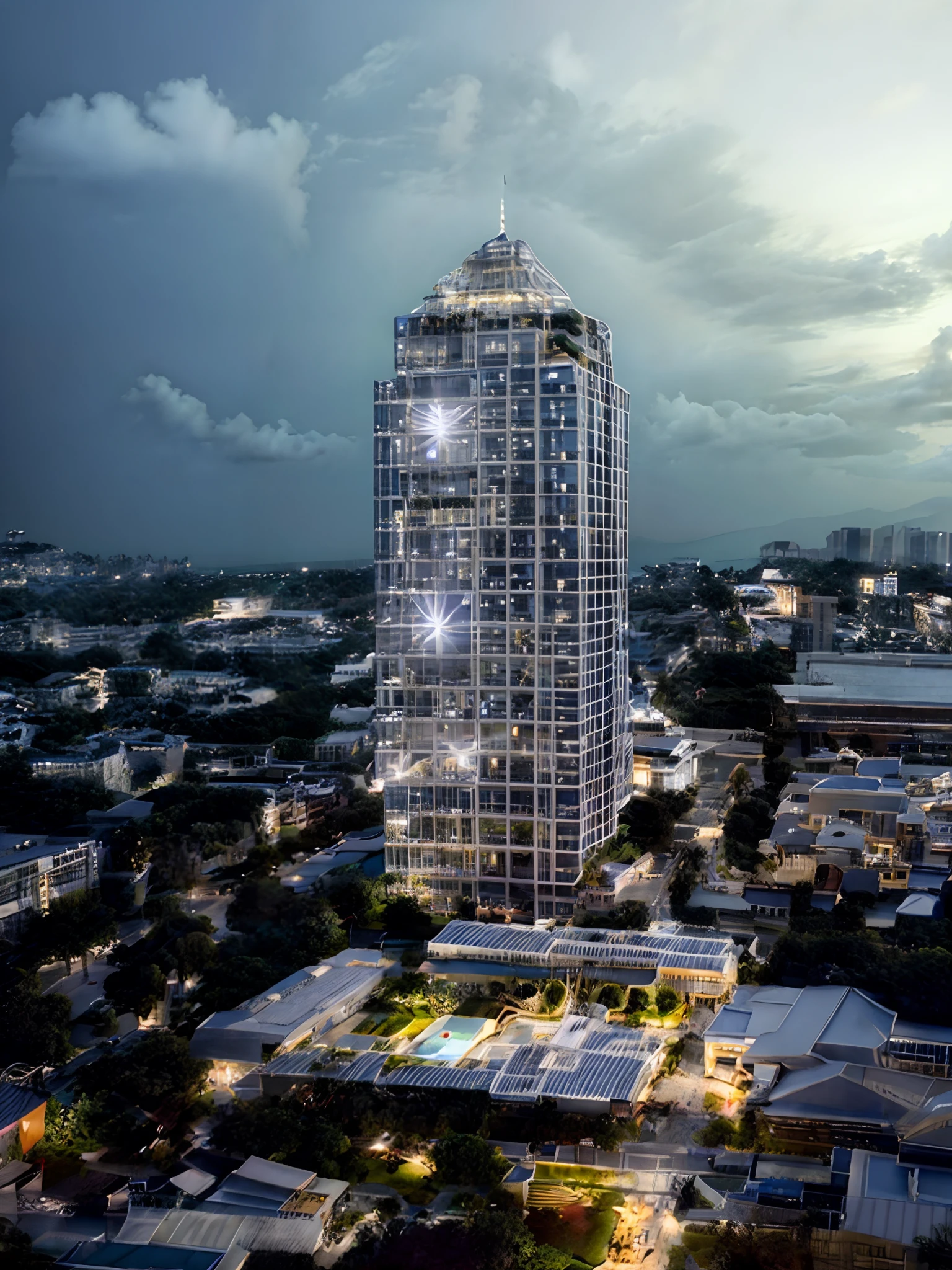 Exterior, blue glass, lots of glass, night light, street, urban, tea hills, palm trees, tropical