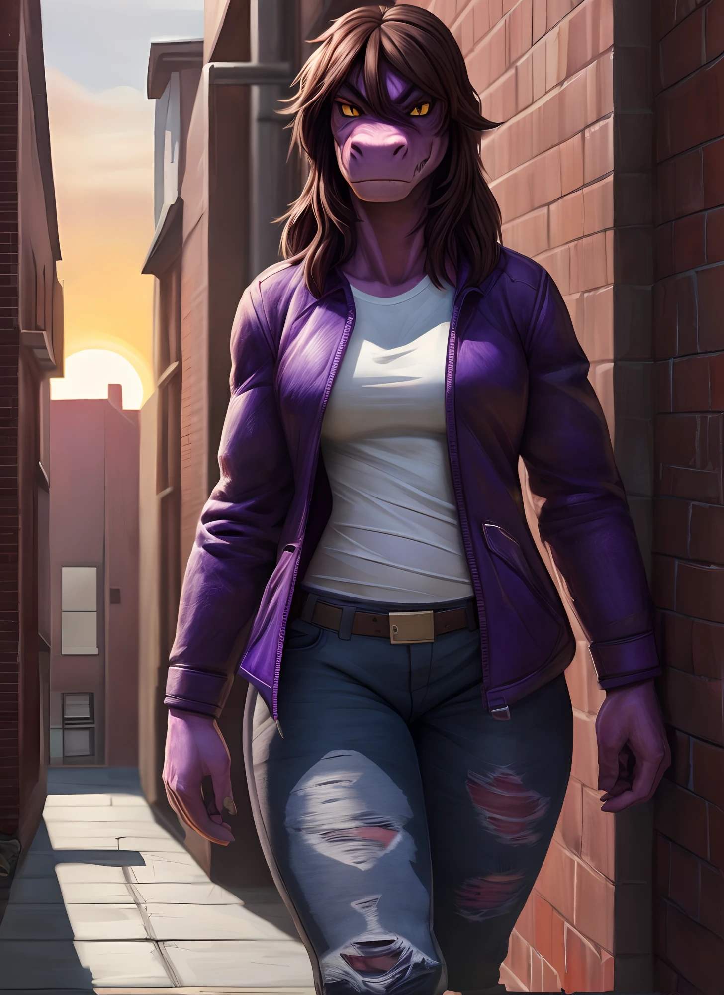 [susie], [Deltarune], [Uploaded to e621.net; (Pixelsketcher), (wamudraws), (woolrool)], ((masterpiece)), ((HD)), ((high quality)), ((solo portrait)), ((front view)), ((scalie; anthro)), ((detailed fur)), ((detailed shading)), ((beautiful render art)), ((intricate details)), {anthro dinosaur; (athletic figure), purple scales, (reptile snout), cute yellow eyes, (black pupils), (bags under eyes), (short eyelashes), (long massy brown hair), long lizard tail, (gorgeous hips), (muscular legs), (angry), (frown)}, {(purple jacket), (torn white tee shirt), (ripped black skinny jeans), (black boots)}, {(standing), (arms at side), (looking at viewer)}, [background; (alleyway), (brick walls), (sunset), (sun rays), (ambient lighting)]