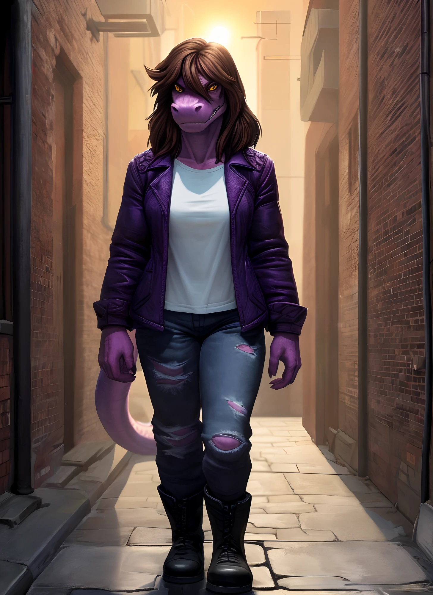 [susie], [Deltarune], [Uploaded to e621.net; (Pixelsketcher), (wamudraws), (woolrool)], ((masterpiece)), ((HD)), ((high quality)), ((solo portrait)), ((front view)), ((scalie; anthro)), ((detailed fur)), ((detailed shading)), ((beautiful render art)), ((intricate details)), {anthro dinosaur; (athletic figure), purple scales, (reptile snout), cute yellow eyes, (black pupils), (bags under eyes), (short eyelashes), (long massy brown hair), long lizard tail, (gorgeous hips), (muscular legs), (angry), (frown)}, {(purple jacket), (torn white tee shirt), (ripped black skinny jeans), (black boots)}, {(standing), (arms at side), (looking at viewer)}, [background; (alleyway), (brick walls), (sunset), (sun rays), (ambient lighting)]