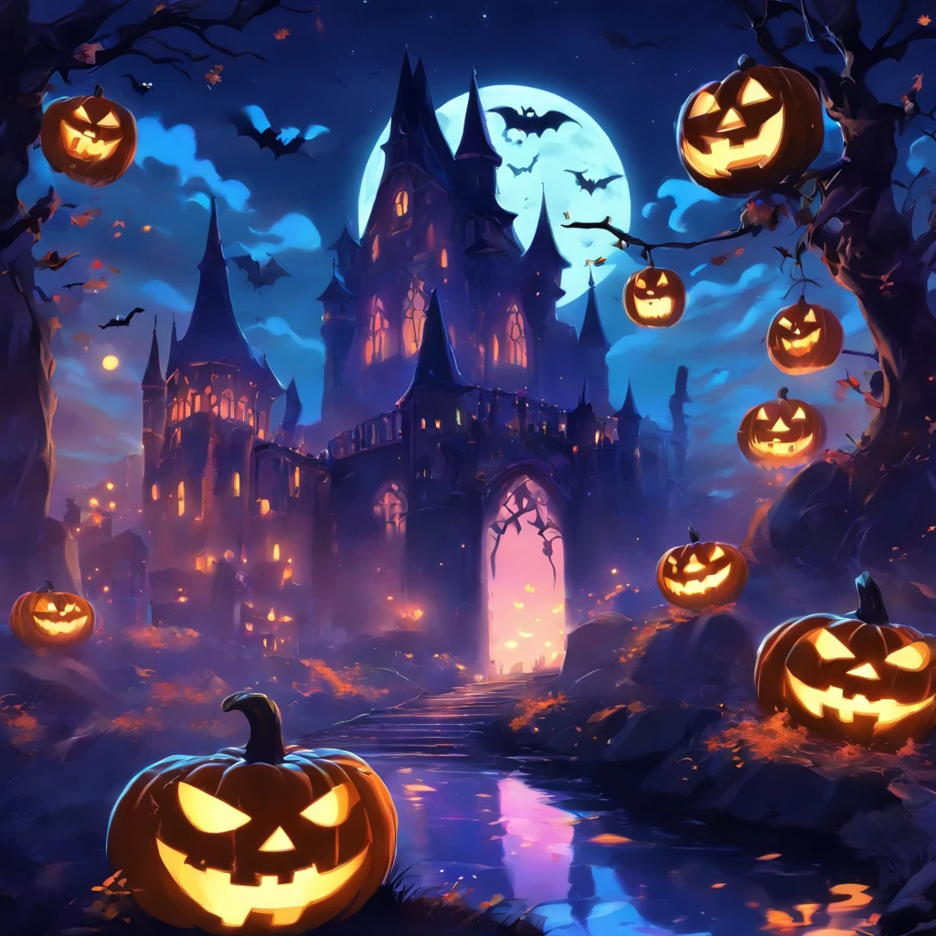 Halloween floating lights, Light and reflections in movies, fluorescent light, Mid-range metaverse elements,Digital painting, reflective light, deliberation, Halloween Jack Lantern, calm evening, Digital illustration, Beautiful atmosphere., Skylight at night, The atmosphere at night was calm., jack-o-lanterns, Halloween, Night, themoon, game scenes, Halloween, Surrounded by clouds, Architecture of medieval Europe, Painted pottery, European Union, Beautiful colors, There are three arches in the foreground.((Color ink)), ( (Splash ink ) ), ((Splash ink) Inji})), tmasterpiece, High quality, Beautiful graphics, high detal,masterful