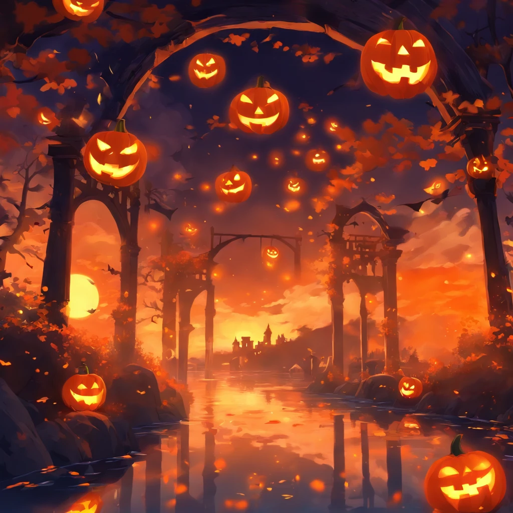 Halloween floating lights, Light and reflections in movies, fluorescent light, Mid-range metaverse elements，Digital painting, reflective light, deliberation, Halloween Jack Lantern, calm evening, Digital illustration, Beautiful atmosphere., Skylight at night, The atmosphere at night was calm., jack-o-lanterns, Halloween, Night, themoon, game scenes, Halloween, Surrounded by clouds, Architecture of medieval Europe, Painted pottery, European Union, Beautiful colors, There are three arches in the foreground.((Color ink)), ( (Splash ink ) ), ((Splash ink) Inji})), tmasterpiece, High quality, Beautiful graphics, high detal,masterful