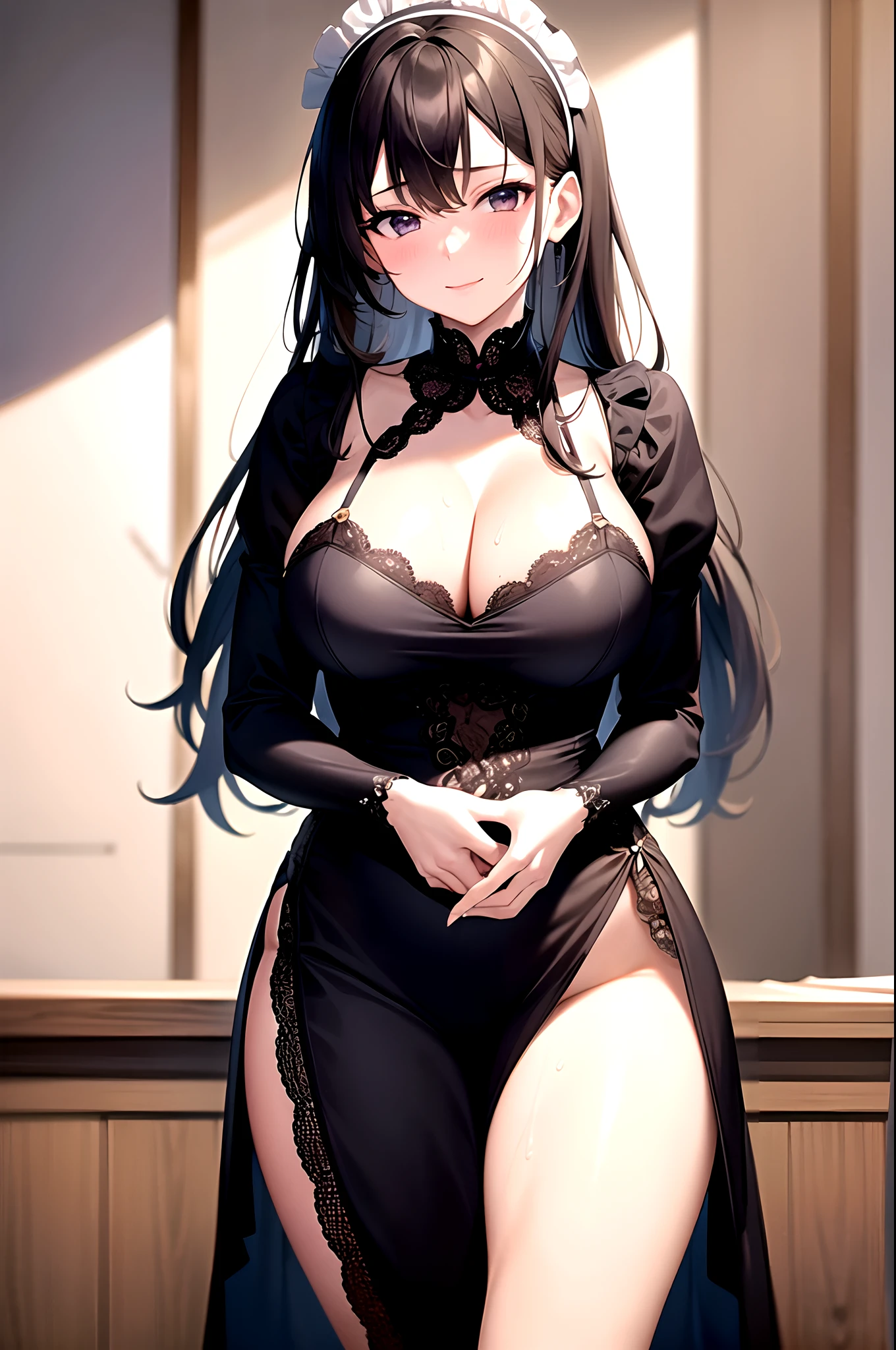 (masterpiece), (highest quality), (high resolution), (fine details), (brilliantly colored),   1girl, mature woman, light smile, blush, average breasts, cleavage, thighs, oily skin,   maid uniform, loose clothing,   frontal, seductive pose, glow, sweat,   anime portrait