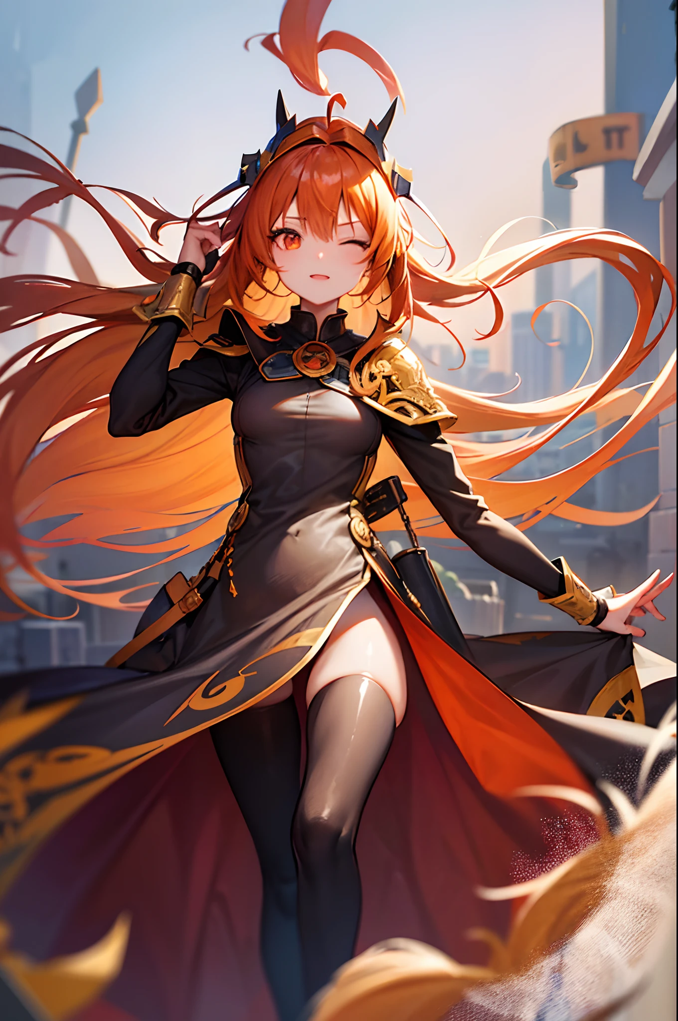 (masutepiece), Best Quality, Ultra-detailed, Illustration, Warm lighting, Bright colors, 1girl in, Solo, Very long hair, Grey Hair, Orange hair, Orange inner hair, Red Eyes, Colored inner hair, Two-tone hair, Ahoge, absurdly long hair, Orange inner hair, multicolored hair, Halo, , , body suit, Flowing hair, Wind, one eye closed, A staff, Dress, armor, Headgear, floating,, ,