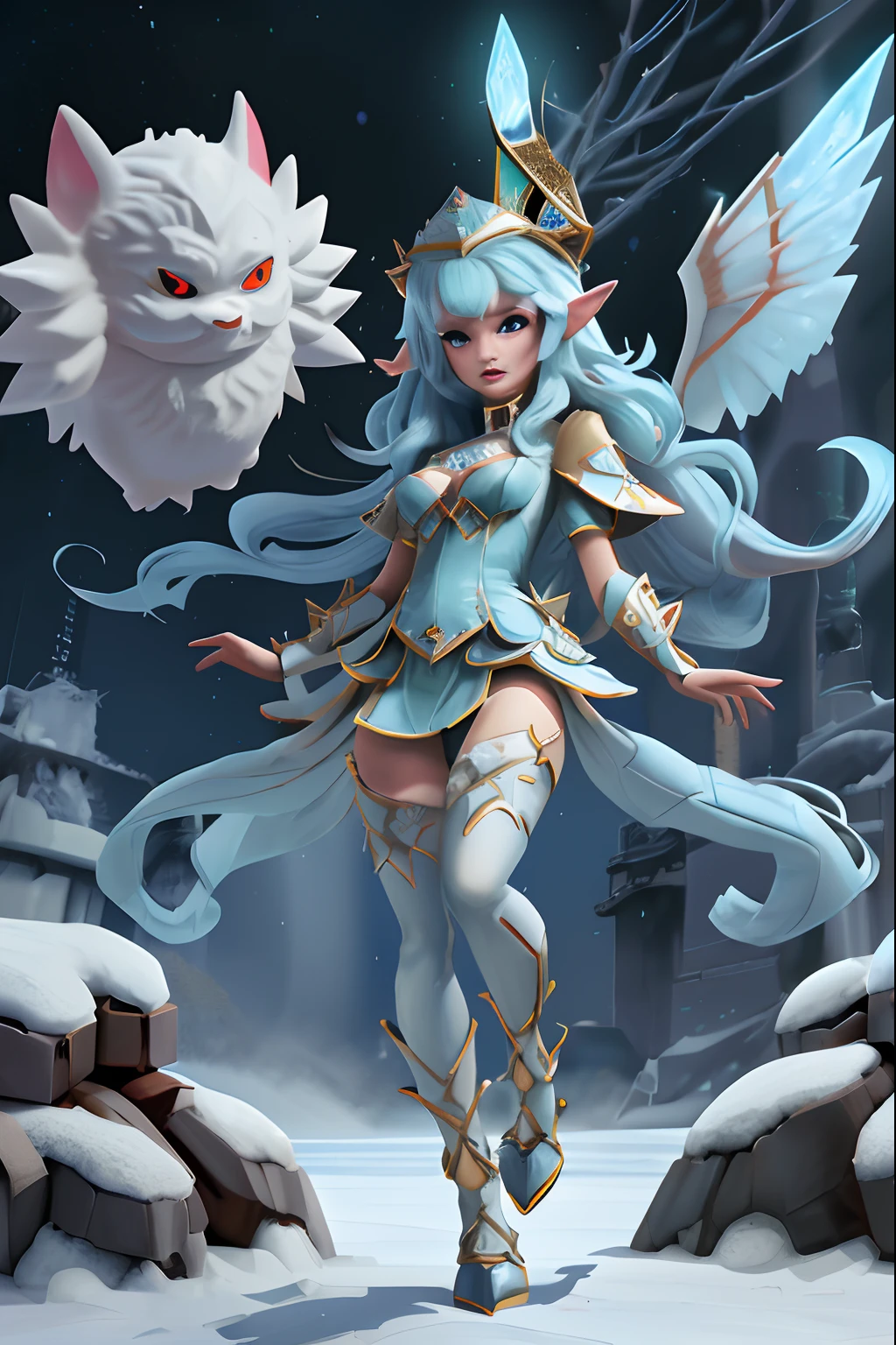 Full body standing）, Full body shot 、Fluffy costumes,、She wears white fluffy clothes,Queen with beautiful winter face in severe cold、 Fluffy hat, Ice World, And the ice pendant.、Portraits of characters from Night Elf Warden World of Warcraft, A hyper-realistic, Wide Angle, Intricate details, Blade Runner artifacts, , masutepiece, Absolutely perfect, stunning images, Visually rich, Intricately detailed, Concept art, by Emsifer, Luminescent holographic, Cinematic, UHD Wallpapers, 。.。.。.。.。.。.。.3D, Octane Render, Volumetric Lights, Full body,Scientist in a suit、Pixel 90s character with hummingbird, Gears and their brains and background clocks are futuristic、Many top anime characters are running ,Cute monster little bulldozer in the shape of big little robot, full body Esbian。.。.。.。.。.。.3D Animation, Anime Monsters