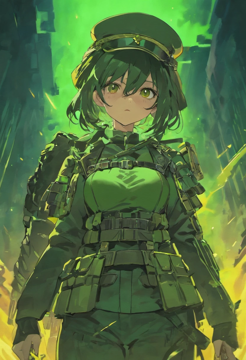 2090 image style, young woman, short hair, green hair with blue highlights, realistic style, cleavage, biomechanical style, sword in hand, smile on face, Cyberpunk girl, long straight hair, beautiful Latina, full body, hyper realistic, cinematic, HR Giger style, wonderful eyes