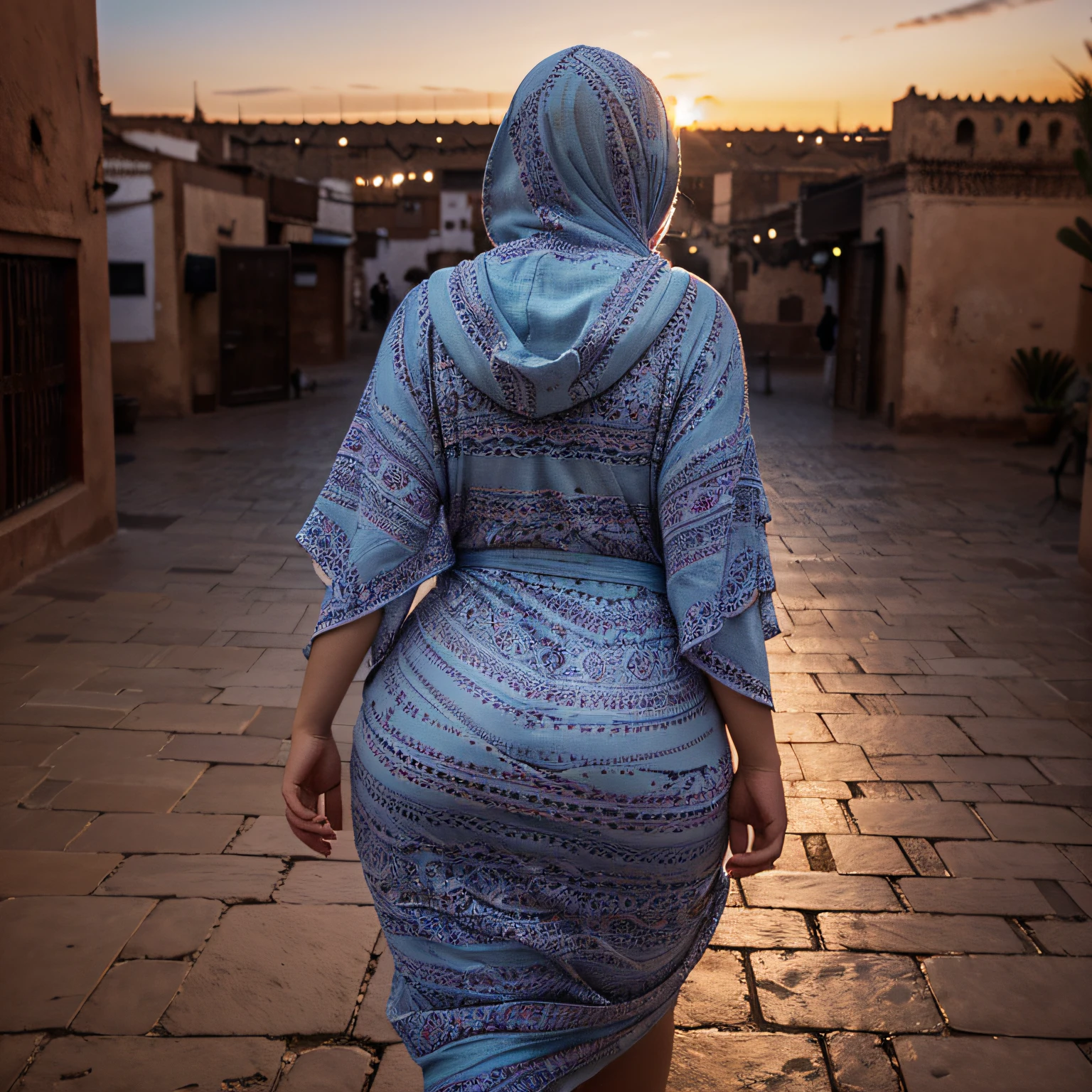 (curvy fat woman), (colorful hooded kaftan), ((walking in Marrakech Morocco))), ((looking away)), ((from behind)), (face hidden), ((amazing sunset)), (colorful tight dress), (((big curvy hips))), bbw, glowing, natural skin, (Moroccan), 24mm, 4k, soft cinematic light, RAW photo, photorealism, photorealistic, intricate, elegant, highly detailed, sharp focus, ((cinematic look)), soothing tones, insane details, intricate details, hyperdetailed, low contrast, soft cinematic light, dim colors, exposure blend, hdr, faded, (epic), sexy, magical