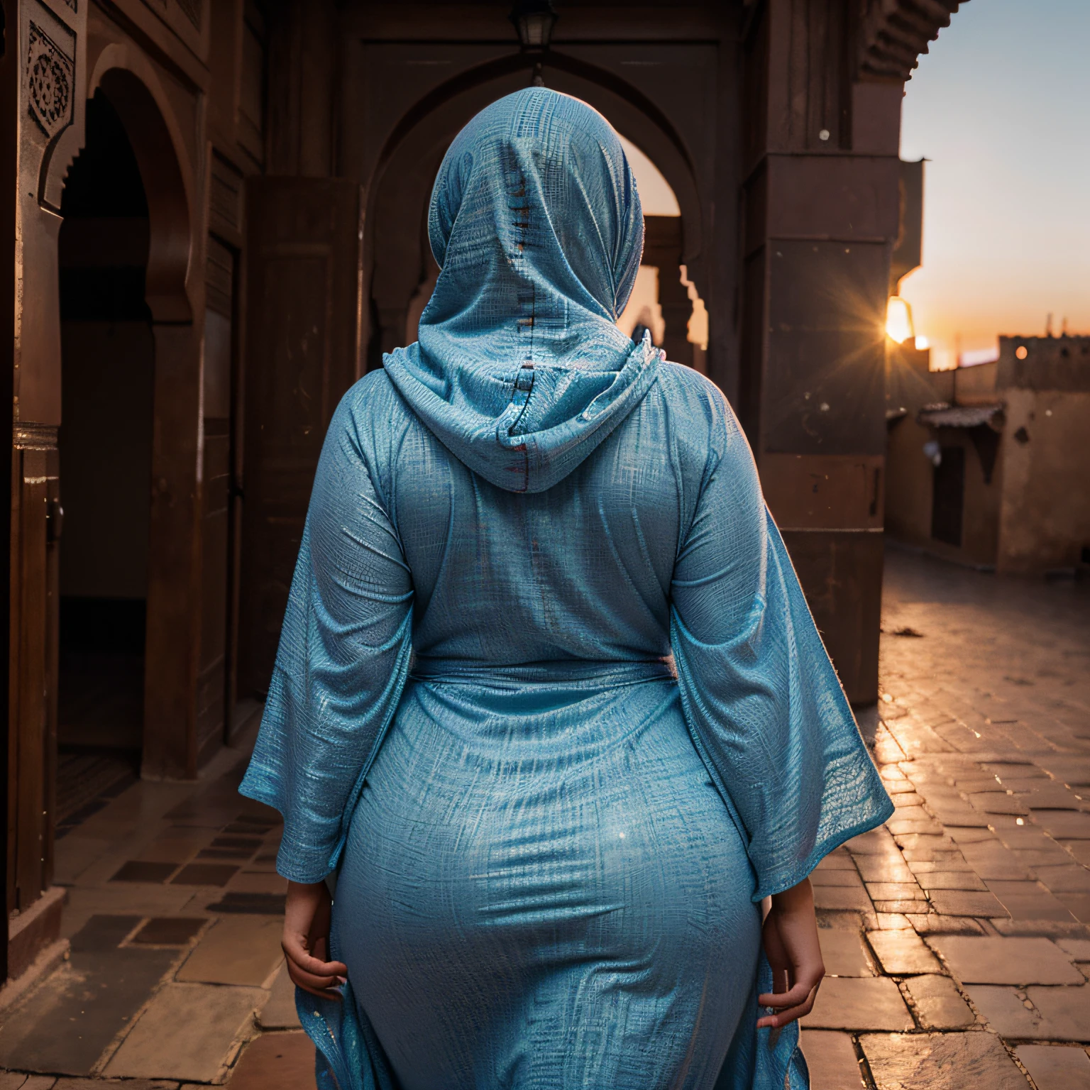 (curvy fat woman), (colorful hooded kaftan), ((walking in Marrakech Morocco))), ((looking away)), ((from behind)), (face hidden), ((amazing sunset)), (colorful tight dress), (((big curvy hips))), bbw, glowing, natural skin, (Moroccan), 24mm, 4k, soft cinematic light, RAW photo, photorealism, photorealistic, intricate, elegant, highly detailed, sharp focus, ((cinematic look)), soothing tones, insane details, intricate details, hyperdetailed, low contrast, soft cinematic light, dim colors, exposure blend, hdr, faded, (epic), sexy, magical