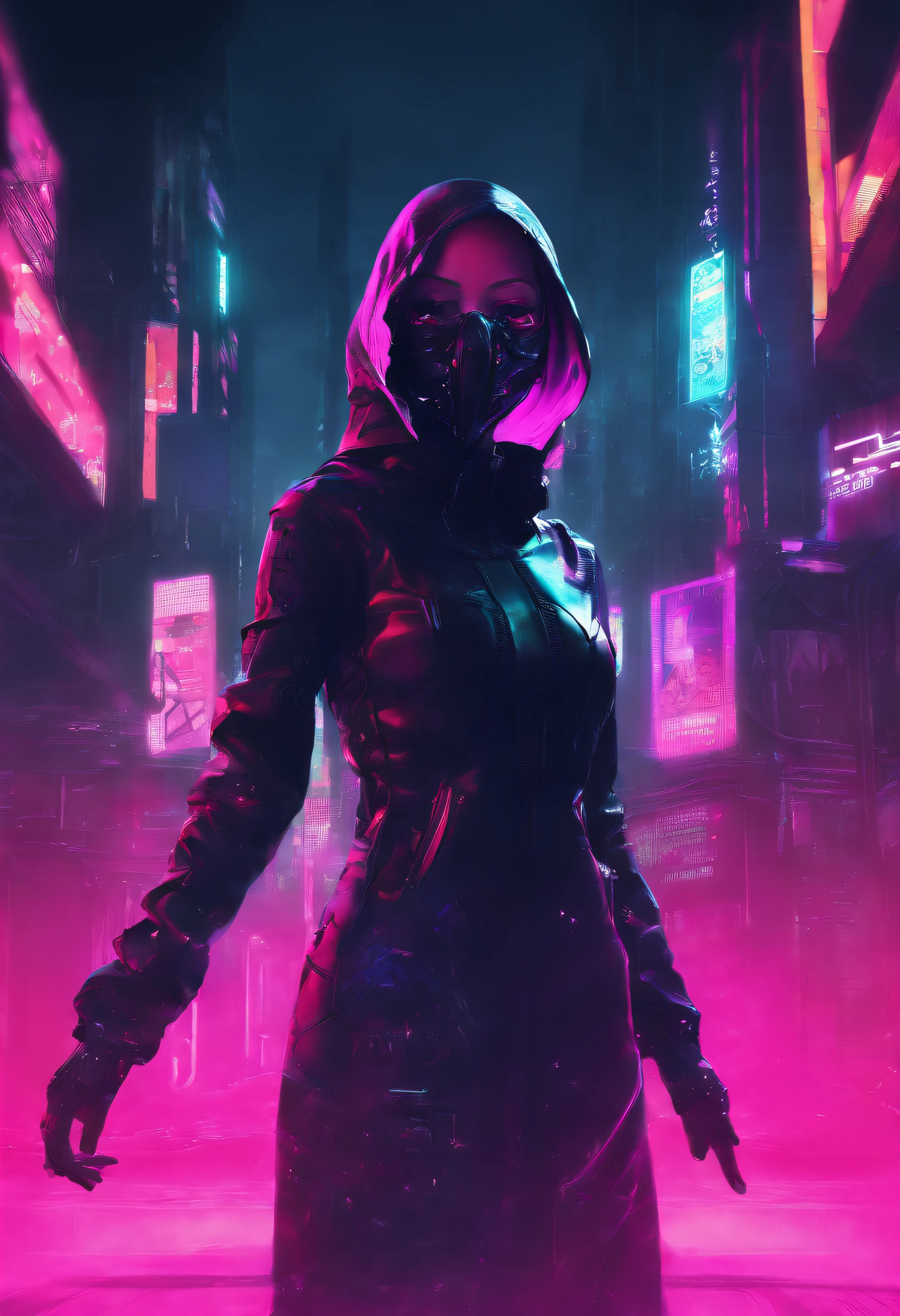Create an anime-style wallpaper featuring a mysterious female nun with a mask covering her face. Place her in a dimly lit setting with a subtle glow art style. In the background, depict a hauntingly beautiful skeleton figure, adding an eerie yet captivating atmosphere to the artwork.