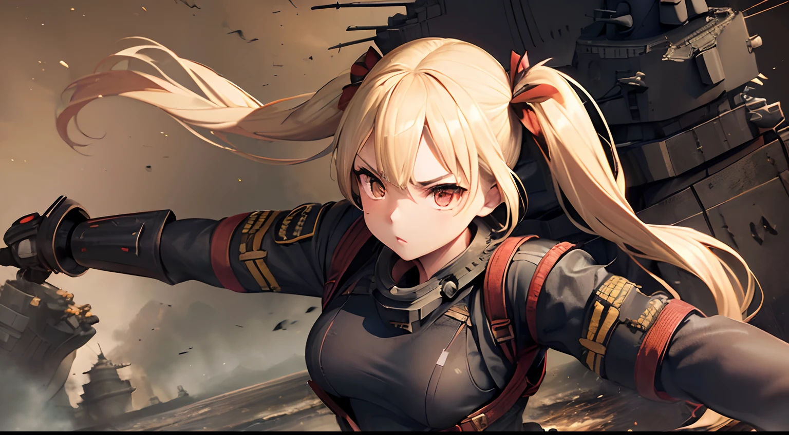 １Beautuful Women, Orange Eyes, (red blush), Detailed eyes, Cinematic,  Wearing detailed Victorian-era armor (((super strong)), masutepiece, Best Quality, Ultra-detailed, ground, destroyed city background, shadowy, Contrasty, Style (look at viewr: 1.2) (Skin Texture) (Film grain: 1.3), Ultra-high resolution,(((Petite girl with blonde twin tails))),((fighting poses)),(((battleship)))