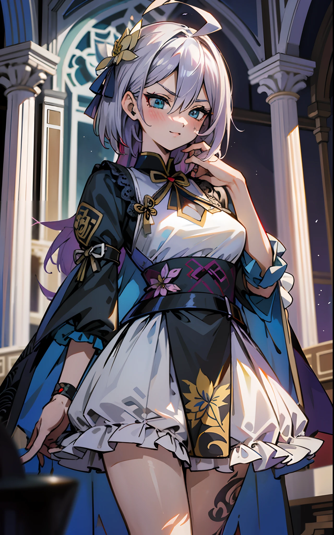 masutepiece, Best Quality, Ultra-detailed, Colorful,Up-close, Hyper-detailing,Silver Color Hair, Ultra-realistic hair quality, Vibrant colors, Beautuful Women, Beautiful shoulder-length hair, Shiny hair, Hair Ornament, Ribbon hair ornament, detailed hairs, ahoge, Mioline Remblanc, no sleeves, Cheongsam, Blue cheongsam, lotus, Lace panniers, Lace underwear, Metamorphosis is exposed, Choker, Black Choker, arm warmer, Race Arm Warmer, Relative area, a belt, The tattoo, arm tattoos, Dragon tattoo, body tattoo, hand tattoo, Sexy breasts, Big breasts, red blush, 1girl in, Solo, Sharp face, Heterochromia, Green eyes, Purple eyes, Bare neck, Happy face, rays of sunshine, Beautiful sky, shining sky, Shanghai Village, castle