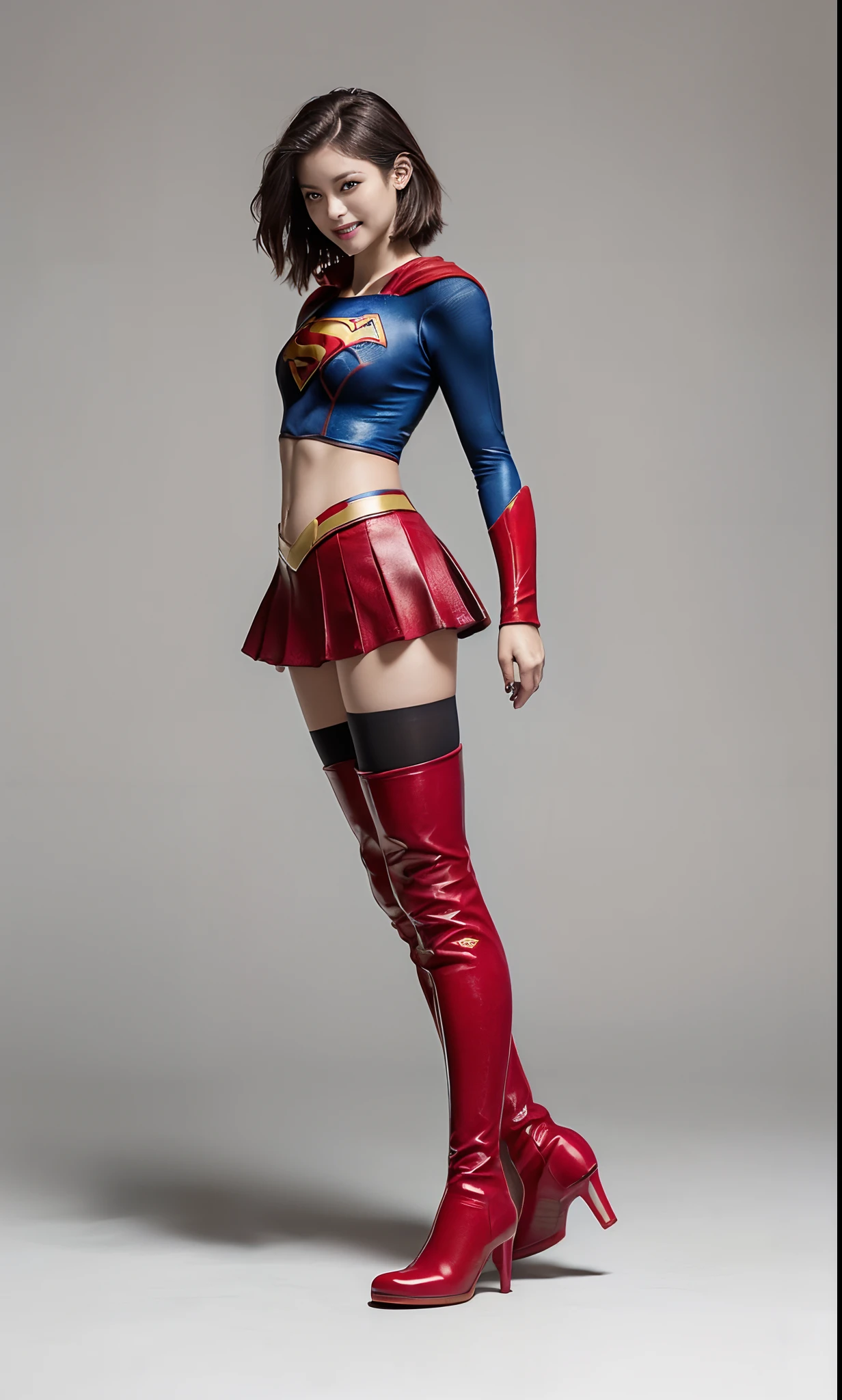 Bloody、Bleeding、Bloodbath and suffering、Done、defeated、Defeated by enemies、(((Wear black tights on your beautiful legs.)))、(((beauty legs)))、(((facial expression of smile)))、((((Make the most of the original image)))、(((Supergirl Costume)))、(((Beautiful short hair、The hair)))、(((Suffering)))、(((Feet must necessarily be worn with black tights)))、(((You need to wear red boots)))、((Top image quality、8K))、((top-quality、8K、masterpiece:1.3))、(((Keep your background simple)))、Crisp focus:1.2、Beautiful woman with perfect body shape:1.4、Slender Abs:1.2、a wet body:1.5、Highly detailed facial and skin texture、8K