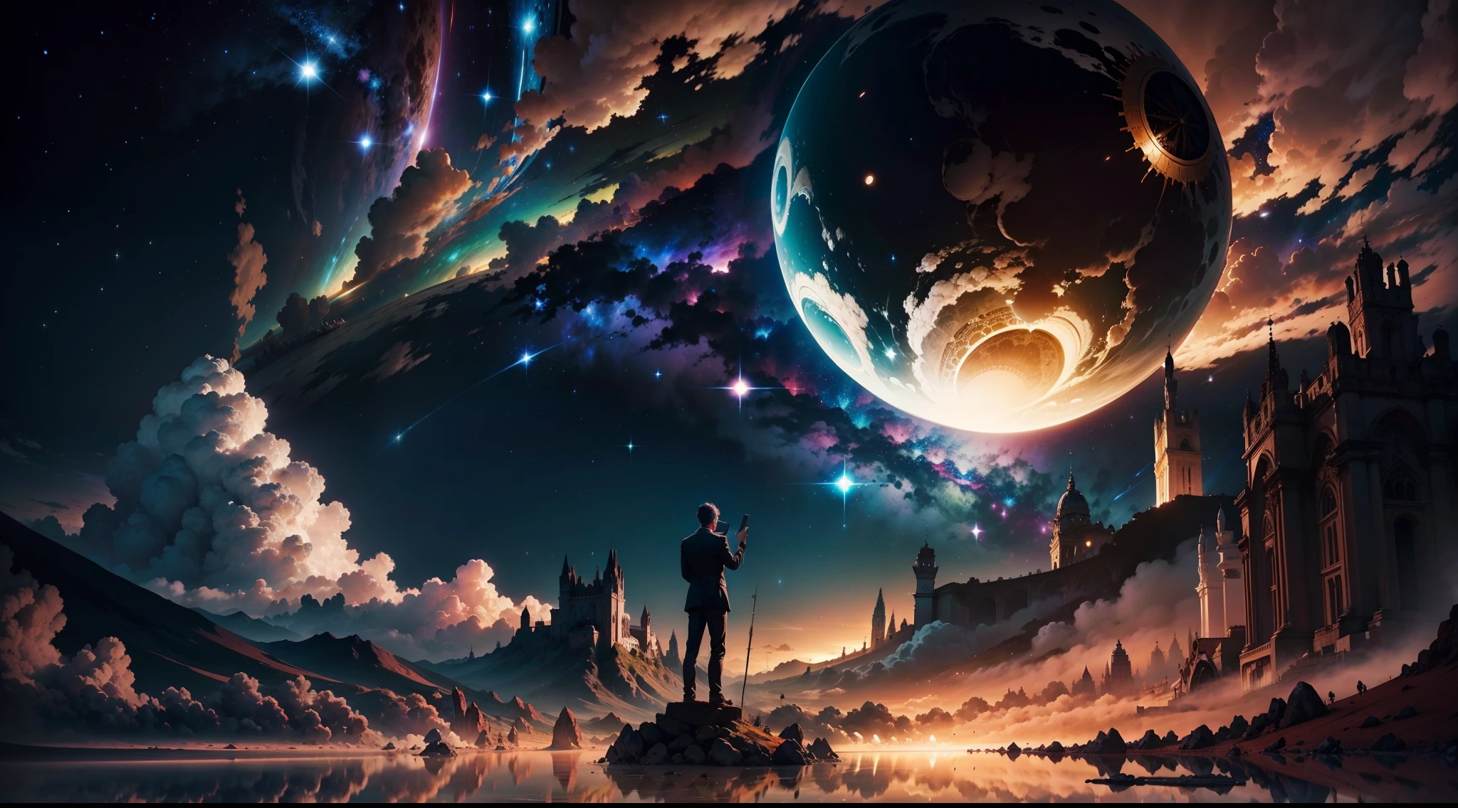 Create an image that depicts a breathtaking surrealist planet. Nesse planeta, The heavens are adorned with a multitude of stars, creating a breathtaking view that harks back to the wonder of the universe.

The image seeks to achieve the status of a masterpiece, e para isso, o realismo deve ser o foco central. Cada detalhe deve ser minuciosamente trabalhado, from the lighting and the detailed shadows that give depth to the scene, even the meticulously represented reflections that enrich the composition.

As cores devem ser vivas e ricas, destacando a beleza surreal do planeta. A faint glow must be applied to evoke a sense of magic and enchantment. The sky should be adorned by magnificent clouds that give dynamism to the scene.

The representation of the stars in the sky is essential to create the desired spectacular view. Cada astro deve ser meticulosamente renderizado, contribuindo para a atmosfera celestial da imagem. The symmetry and depth in the composition must be explored to create a captivating visual effect.

It is recommended to use advanced rendering techniques to achieve an impressive level of realism. Texturas detalhadas devem ser empregadas para enriquecer cada elemento da imagem