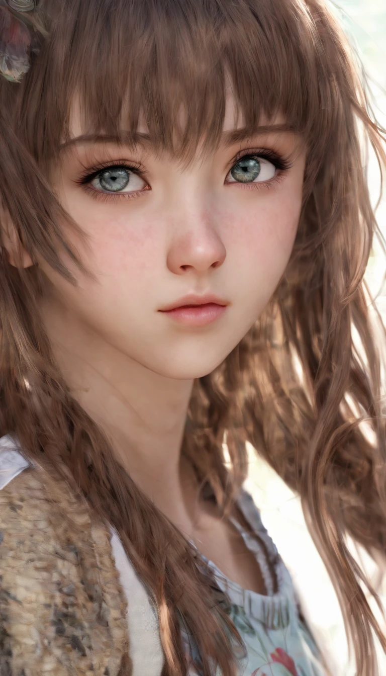 teenager Young anime girl looking at the camera, she is so far away from the camera screen, make it realistic
