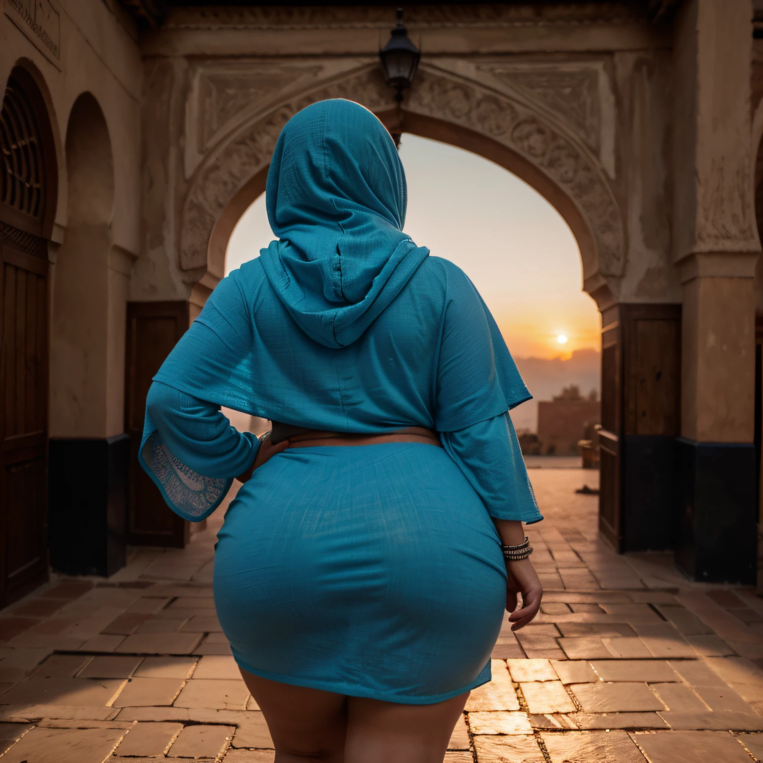 (curvy fat woman), (tight colorful hooded kaftan), ((walking in Marrakech Morocco))), ((looking away)), ((from behind)), (face hidden), ((amazing sunset)), (((big curvy hips))), bbw, glowing, natural skin, (Moroccan designs), 24mm, 4k, soft cinematic light, RAW photo, photorealism, photorealistic, intricate, elegant, highly detailed, sharp focus, ((cinematic look)), soothing tones, insane details, intricate details, hyperdetailed, low contrast, soft cinematic light, dim colors, exposure blend, hdr, faded, (epic), sexy, magical