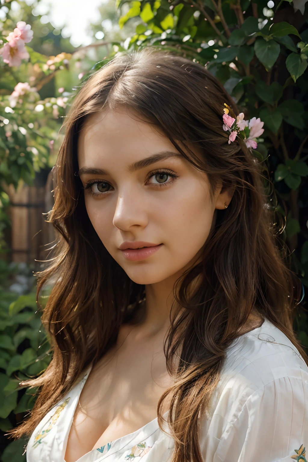 (best quality,ultra-detailed,photorealistic),young woman,beautiful eyes,detailed lips,pensive expression,soft lighting,vibrant colors,smooth skin,long flowing hair,stylish outfit,garden background,colorful flowers,natural sunlight,serene atmosphere