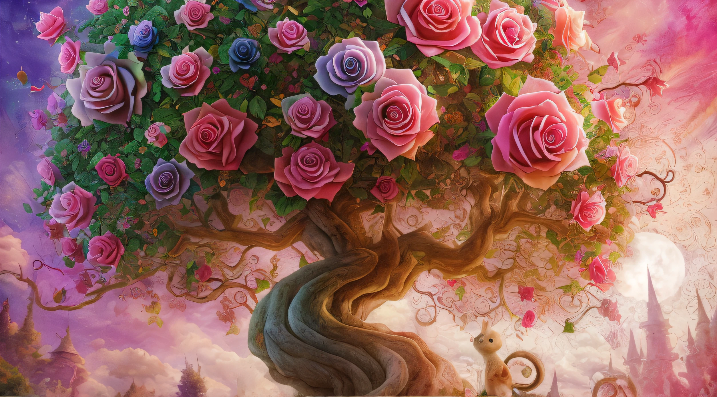 masterpiece,best quality,wonderland,tree rose,garden, multi color rose,blue sky, cloud,rabbit,fantasy tree,digital art,
