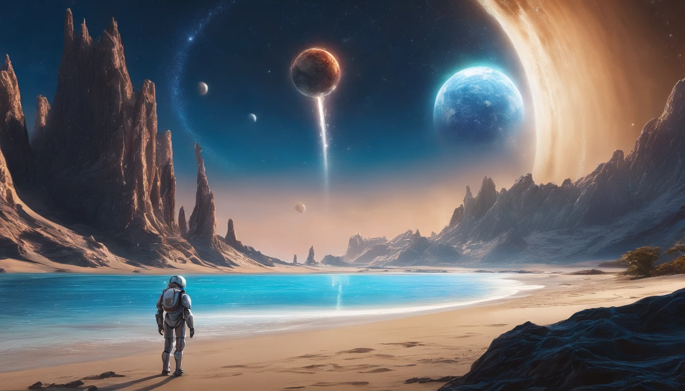huge planet, the night, starrysky, surrealism, masutepiece, hight resolution、Impressive Milky Way:1.9、sand beach、Vast blue ocean、Blue glacier、lightning bolt:1.9、Protoplanets、A search robot stands in the back、