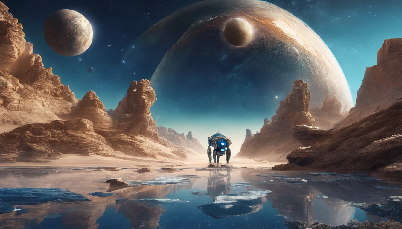 huge planet, the night, starrysky, surrealism, masutepiece, hight resolution、Impressive Milky Way:1.9、sand beach、Vast blue ocean、Blue glacier、lightning bolt:1.9、Protoplanets、A search robot stands in the back、